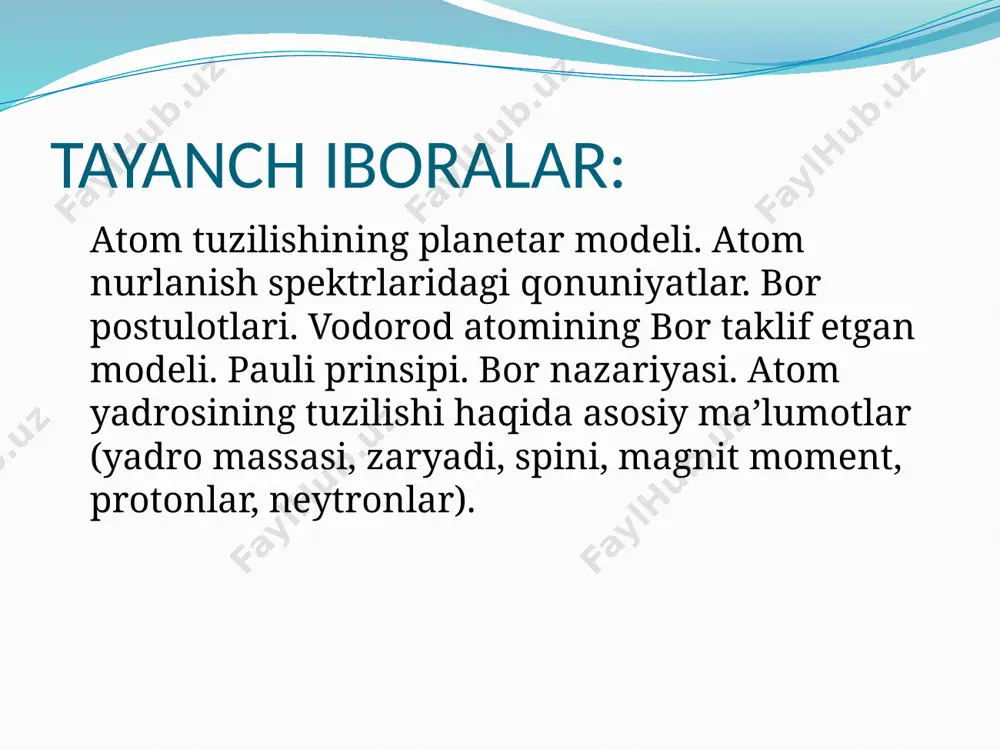 lgilanadi. atomdagi elektronlarning energetik sathlar bo’yicha taqsimlanishi. lazerlar yaratilishining boshlanishi 1916 yilga borib taqaladi. o`sha yili buyuk fizik olim a.eynshteyn birinchi bo`lib, majburiy nurlanish tushunchasini kiritdi, va nazariy yo`l bilan majburiy nurlanish uni majburlovchi nurlanishga kogerentligini (mosligini) ko`rsatadi. 1940 yilda rus fizigi v.a.fabrikant sun`iy paydo bo`lgan nurlanish elektromagnit to`lqinlarini kuchayishiga olib kelishi mumkinlagini isbotladi. 1954 yil rus olimlari n.g.basov, a.m.proxorov va ulardan behabar holda amerikalik olim ch.tauns to`lqini uzunligi 1,27sm bo`lgan mikroto`lqinli radioto`lqin generatorini (“mazer”) yaratish uchun indutsirialangan nurlanishdan foydalanib ko`rishgan. 1963 yilda n.g.baskov, a.m.proxorov va ch.tauns nobel mukofoti bilan taqdirlanishgan. 1960 yili amerikalik olim t.meyman kvant generatorining o`zgavharoq ko`rinishdagisini yararishga muvaffaq bo`ladi. yangi generatorni “lazer” deb nomlashadi. lazerning yaratilish tarixi eng oddiy lazer tuzilishi: lazerlarning faol muhiti tashqi energiya ko`zgu yarim shaffof ko`zgu lazer nuri §1.2. lazer nurlarini hosil qilish spontan nurlanish majburiy nurlanish invers bandlik damlash yorug’likni kuchaytirish. bu hodisalarning barchasi optik rezonatorlardagi aktiv muhitda amalga oshiriladi. tibbiyotda …