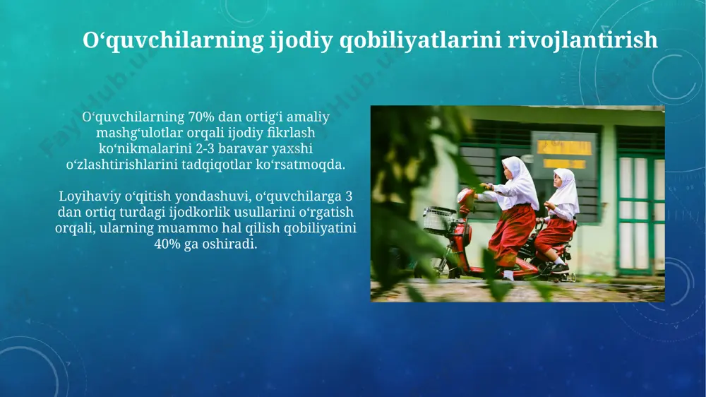 on) yordamida o'quvchilarning 70% gacha faol ishtirokini ta'minlab, bilim olish jarayonini qiziqarli va samarali qiladi. differentiatsiyalashgan taʼlim differensialashgan taʼlim, oʻquvchilarning 3 xil oʻrganish uslubini (vizual, audial, kinestetik) hisobga olgan holda, kamida 5 xil taʼlim uslublarini qoʻllashni oʻz ichiga oladi. differensialashgan taʼlim samaradorligini oshirish uchun, oʻqituvchilar oʻquvchilardan 20% dan kam boʻlmagan qismi uchun individual taʼlim rejalari ishlab chiqishi kerak. boshlangʻich taʼlimda innovatsiyalarni qoʻllashning dolzarbligi zamonaviy texnologiyalar, masalan, interaktiv oʻquv dasturlari va onlayn resurslarni qoʻllash, 1000 nafargacha boʻlgan oʻquvchilarga individual yondashuvni taʼminlaydi va taʼlim sifatini yaxshilaydi. innovatsion pedagogik uslublar, xususan, loyiha usuli va hamkorlikdagi oʻrganish, oʻquvchilarning faol ishtirokini 5 barobar oshirib, bilimlarni chuqurroq oʻzlashtirishga yordam beradi. e'tiboringiz uchun rahmat @taqdimot_robot image3.png image4.jpg image5.jpg image6.jpg image7.jpg image8.jpg image9.jpg image10.jpg image11.jpg image12.jpg image13.jpg image14.jpg image15.jpg