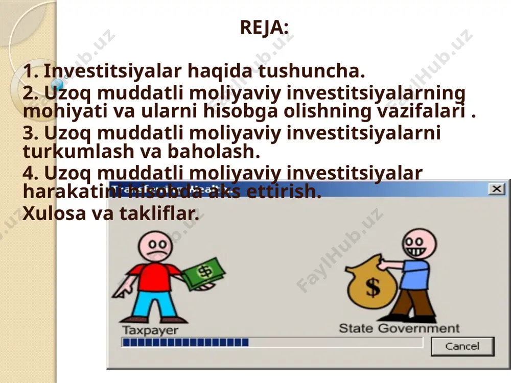 arga, sho’’ba, qaram bo’lgan jamiyatlarning hamda chet el sarmoyali korxonalarning nizom kapitali (jamg’armasi) ga uzoq muddatli qo’yilmalar (investitsiyalar) ni mavjudligi va harakati to’g’risidagi ma’lumot quyidagi hisobvaraqlaridan kelib chiqib umumlashtiriladi: 0610- “qimmatli qog’ozlar”; 0620- “sho’ba korxonalarga investitsiyalar” 0630- “qaram birlashmalarga investitsiyalar” 0640- “qo’shma korxonalarga investitsiyalar” 0690- “boshqa uzoq muddatli investitsiyalar”. investitsiyalar hisobini yuritishga aloqador bo’lgan rahbarlar, buxgalterlar va boshqa shaxslar buxgalteriya hisobini tashkil etish va yuritishda buxgalteriya hisobining quyidag asosiy printsiplariga rioya qilishlari kerak: - buxgalteriya hisobini ikkiyoqlamali yozuv usulida yuritish; - davomiylik (uzluksizlik); - xo’jalik muomalalari, aktiv va passivlarni pulda baholash; - ishonchlilik; - hisoblash; - oldindan ko’ra bilishlik (ehtiyotkorlik); - shaklidan mazmunining ustivorligi; - ko’rsatkichlarni taqqoslash; - hisobotni holisligi; - hisobot davri daromad va xarajatlarini mos kelishi; - aktiv va majburiyatlarni haqiqiy baholash. uzoq muddatli moliyaviy investitsiyalarni buxgalteriya hisobida hisobga olishni engillashtirish uchun quyidagi guruhlarga ajratiladi: • qimmatli qog’ozlar; • sho’’ba korxonalariga investitsiyalar; • qaram birlashmalarga investitsiyalar; • qo’shma …