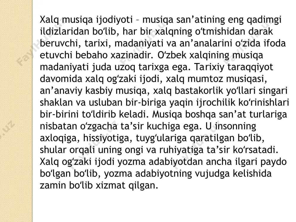 ssional bastakorlar boʻlmagan. xalq orasida oʻziga xos qoʻshiqlar mavjud boʻlib, ularning mualliflari noma’lum boʻlsada, aholi orasida keng ommalashgan. misol tariqasida 20-yillarda keng tarqalgan “fabrika” yoki “zags” qoʻshiqlarini aytish mumkin. www.arxiv.uz