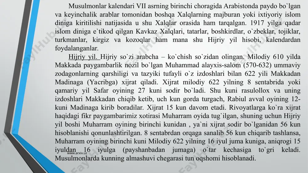 r, millat va elatlarning о`z urf-odatlari bо`lganidek, muhammad paygambar musulmonlarni boshqa semit xalqlaridan farqlash, islom dinini о`rnini saqlash uchun qamariy yilga kо`shimcha о`n uchinchi oyni yoki ayrim oylarga kо`shimcha kunlarni kо`shishni butunlay takiklaganlar. xadisi sharifda: “oyni kо`rib rо`zaga kiringlar, oyni kо`rib rо`zadan chiqinglar, agar xavo bulut bо`lib oy kо`rinmasa, sha`bon oyini о`ttiz kun qilib keyin rо`za tutinglar”, - deyiladi. bu xadisga rioya qilinsa diniy amallar о`z о`rniga tushib ketaveradi. www.arxiv.uz www.arxiv.uz www.arxiv.uz www.arxiv.uz 12 burjning eski turkiycha, arabcha, о`zbekcha nomlari. www.arxiv.uz fasllar eski turkiycha atalishi arabcha atalishi о`zbekcha atalishi hisobga kо`ra baxor qо`zi ud erandiz hamal savr javzo qо`y sigir egizak qiz 22 mart – 21 aprel 22 aprel – 21 may 22 may – 21 iyun yoz kuchuk arslon bukboy boshi saraton asad sunbula qisqichbaqa arslon boshoq 22 iyun – 21 iyul 22 iyul – 21 avgust 22 avgust – 21 sentabr kuz ulug chazan yoy mezon akrab qavc …