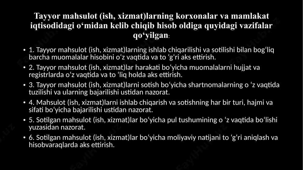 iyatining pirovard iqtisodiy yakunidir. xojaliklarda umumiy moliyaviy natijani aniqlashda hisobvarnqlar rejasining ix — «daromadlar va xarajatlar» bo‘limi hisobvnniqlari ma’lumotlaridan foydalaniladi va ularga quyidagilar kiradi: 9000 - asosiy (operatsion) faoliyatning daromadlarini hisobga olnvchi hisobvaraqlar; 9100 — sotilgan mahsulot (tovar, ish, xizmat)laming tannarxini insobga oluvchi hisobvaraqlar; 9200 — asosiy vositalaming chiqib ketishi; 9300 — asosiy faoliyatning boshqa daromadlarini hisobga oluvchi hisobvaraqlar; ()400 — davr xarajatlarini hisobga oluvchi hisobvaraqlar; 9500 — moliyaviy faoliyat daromadlarini hisobga oluvchi hisobvaraqlar; 9600 - moliyaviy faoliyat bo‘yicha xarajatlarni hisobga oluvchi hisobvaraqlar; 9700 — favqulodda foyda(zarar)lami hisobga oluvchi hisobvuraqlar; 9800 — soliqlar va yig‘imlarni to ‘lash uchun foydadan loydnlanishni hisobga oluvchi hisobvaraqlar; 9900 — yakuniy moliyaviy natijani hisobga oluvchi hisobveniqlar. nazorat savollari 1. tayyor mahsulot (ish, xizmat)laming iqtisodiy mohiyati nimada va ular hisobi bo'yicha hisob oldiga qanday vazifalar qoyilgan? 2. tayyor mahsulot (ish, xizmat)lar qanday belgilari bo'yicha turkumlanadi? ulami baholash tartibi qanday? 3. tayyor mahsulot (ish, xizmat)laming dastlabki hisobi …