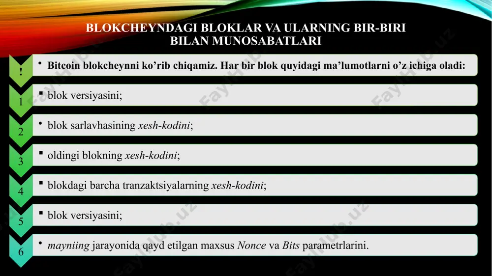 jarilgan ishlarni ommaviy ravishda isbotlashlari kerak. ushbu qoida buzg’unchi soxta ishtirokchilarni yaratgan taqdirda tizimga hujumning oldini oladi. pos algoritmi (proof – of – stake, egasining isbotlanishi, egalik ulushini tasdiqlash) - bu kriptovalyutalarda himoya qilish usuli bo’lib, unda ishtirokchining blokcheynda keyingi blokni tashkil qilish ehtimoli ushbu ishtirokchiga tegishli bo’lgan ushbu kriptovalyutani hisob-kitob birliklari ularning umumiy sonidan iborat bo’lgan ulushga mutanosib. dpos algoritmi (delegated proof - of steal, ulush isbotini ishonchli vakili) tranzaktsiyalar tezligini oshirish va blokcheyn markazlashtirilmagan rag’batlantiruvchi tuzilishga xavf solmasdan bloklar yaratish maqsadida qurilgan. poi algoritmi (proof – of – importance, muhimligini tasdiqlovchi dalil)-tarmoqning qaysi a’zolari blokcheynga blok qo’shish huquqini va blok uchun mukofot sifatida tranzaksiya komissiyalarini olish huquqini aniqlash uchun ishlatiladigan konsensus algoritmi. 4.3. blokcheyn qo’llash sohalari blokcheyn dunyodagi birinchi kriptovalyuta bitcoin bilan birga paydo bo’ldi. qanday biznes – ilovalarni blokcheyn texnologiyasi asosida yaratilishi yoki allaqachon yaratilishini ko’rib chiqamiz. 1. aqlli shartnomalar tarqatilgan buxgalteriya kitoblar belgilangan shartlarni bajargan holda …