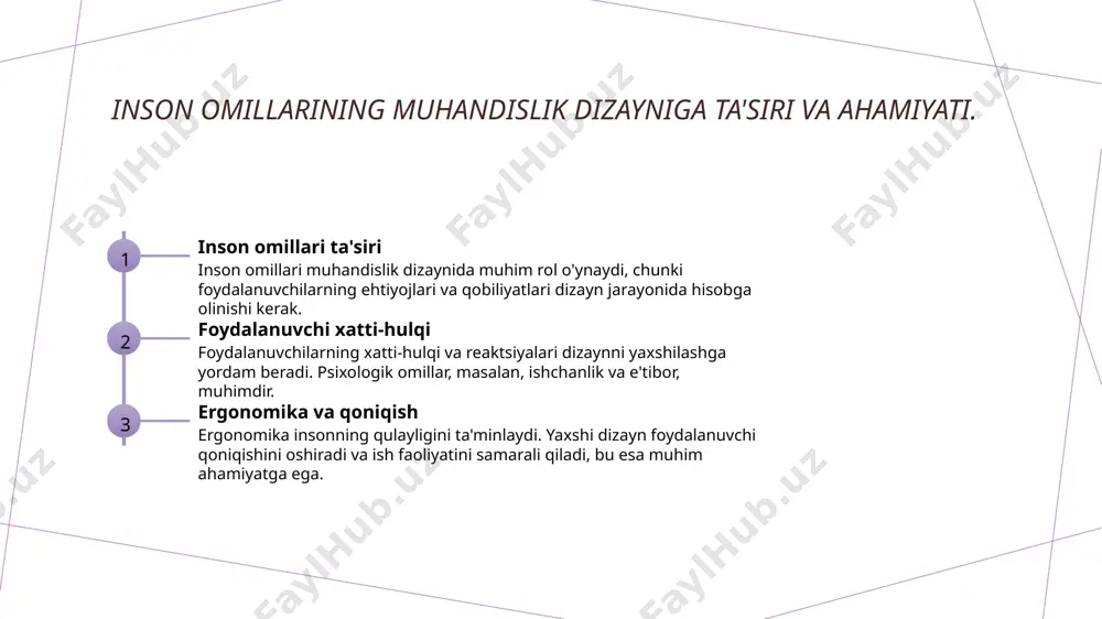 t to'plangan. 02 tadqiqot metodlari foydalanuvchi ehtiyojlarini aniqlashda turli usullar qo'llaniladi, masalan, anketalar, fokus-guruhlar va eksperimentlar, bu esa keng qamrovli ma'lumot beradi. 03 natijalarning tahlili olingan ma'lumotlar tahlil qilinadi, bu foydalanuvchilar ehtiyojlarini aniqlashda muhim rol o'ynaydi. tahlil natijalari dizayn jarayoniga ta'sir qiladi. 04 amaliy misollar ko'plab kompaniyalar foydalanuvchi ehtiyojlarini aniqlashda samarali tadqiqotlar olib borishdi. misol uchun, apple foydalanuvchi tajribasini yaxshilashga e'tibor qaratadi. xulosa 1 muhandislik psixologiyasi roli muhandislik psixologiyasi inson omillarini tushunish orqali samarali dizayn yaratishga yordam beradi. bu soha, foydalanuvchilar ehtiyojlarini qondirishga qaratilgan. 2 foydalanuvchi markazli dizayn foydalanuvchi markazli dizayn, mahsulot va xizmatlarning qulayligini oshirishga xizmat qiladi. bu tamoyil, foydalanuvchilar bilan samarali aloqa o'rnatishda muhim ahamiyatga ega. 3 ergonomik dizayn ahamiyati ergonomik dizayn inson qulayligini ta'minlaydi, ish faoliyatini yaxshilaydi. har bir dizayn jarayonida ergonomik talablarni hisobga olish muhimdir. foydalanilgan adabiyotlar 1. i. m. murodov. muhandislik psixologiyasi: nazariy asoslar va amaliyot. toshkent, 2021 2. a. s. abdullayeva, b. x. tursunova. …