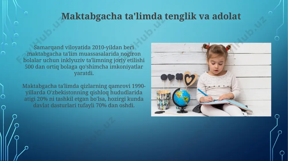 algan edi, bu 5-6 yoshli bolalarni o'z ichiga olgan. maktabgacha ta'lim dasturlari va o'quv qo'llanmalari sovet davrida, 1930-yillarda o'zbekistonda maktabgacha ta'lim dasturlari ideologik jihatdan qayta ko'rib chiqilib, bolalarni sotsializm qadriyatlariga moslashtirishga yo'naltirilgan 5 yillik reja asosida tuzilgan o'quv qo'llanmalari joriy etildi. 19-asr oxiri va 20-asr boshlarida toshkentdagi rus-o'zbek maktablari uchun maxsus tayyorlangan "maktabgacha ta'lim" dasturlari o'zbek tilida yozilgan qo'llanmalarni ham o'z ichiga olgan bo'lib, bolalarni ona tiliga o'rgatishga qaratilgan. e'tiboringiz uchun rahmat @taqdimot_robot image3.jpg image4.jpg image5.jpg image6.jpg image7.jpg image8.jpg image9.jpg image10.jpg image11.jpg image12.jpg image13.jpg image14.jpg image15.jpg image2.png
