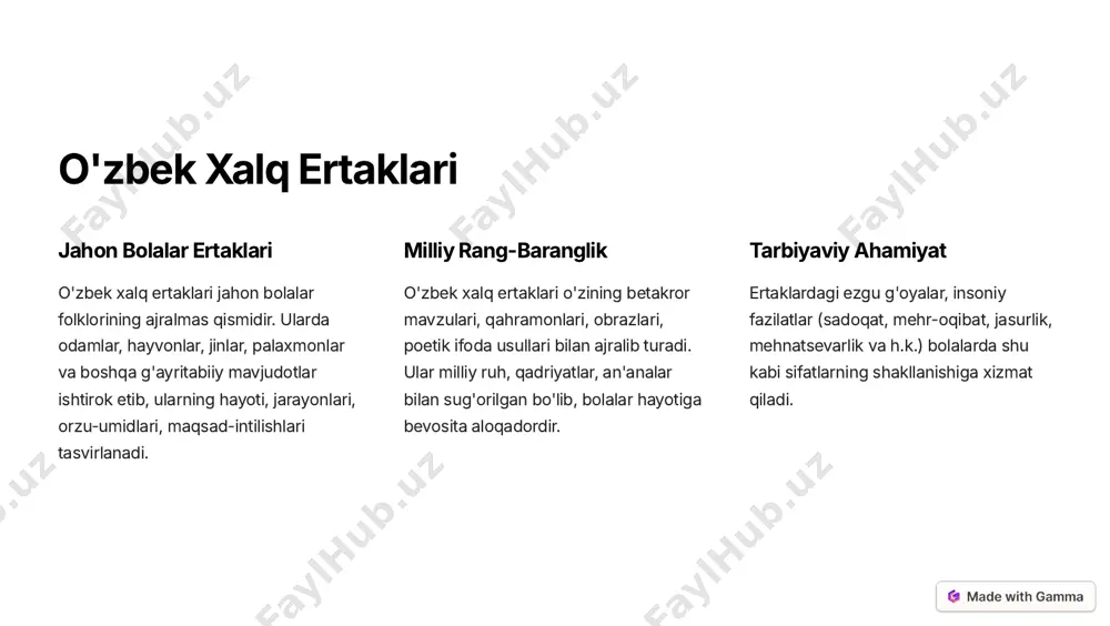 haqida ma'lumot oladi, milliy ongi va dunyoqarashi shakllanadi. https://gamma.app/?utm_source=made-with-gamma o'zbek xalq o'yinlari 1 jismoniy rivojlanish xalq o'yinlari bolalarning jismoniy rivojlanishiga, egiluvchanlik, tezkorlik, chaqqonlik kabi sifatlarini shakllantirishi bilan xarakterlanadi. 2 ijtimoiy tarbiya o'yinlar jarayonida bolalar birgalikda o'ynash, o'zaro yordam, hamkorlik ruhida tarbiyalanadi, jamoa bo'lib ishlash ko'nikmalarini egallaydi. 3 ma'naviy-axloqiy kamolot o'yinlardagi g'alaba yoki mag'lubiyatni munosib qabul qilish, o'yin qoidalariga rioya qilish bolalarda tor manfaatlardan tozalanish, axloqiy sifatlarni shakllantiradi. https://gamma.app/?utm_source=made-with-gamma bolalar folklorida milliy an'analar badiiy san'at bolalar folklori o'zbek milliy san'atining turli janrlarida - raqs, musiqa, badiiy amaliy san'at, adabiyot kabi shakllarda o'z aksini topadi. bu esa milliy san'at namunalarini yanada boy va xilma-xil qiladi. qarashlar va e'tiqodlar o'zbek bolalar folklorida xalqimizning dunyo-qarashi, e'tiqodlari, urf-odatlari o'z ifodasini topgan. bu yangi avlod uchun bebaho manba va milliy ruhni saqlab qolish vositasi hisoblanadi. milliy qadriyatlar bolalar folklori orqali yuksak axloqiy fazilatlarga ega bo'lgan, vatanparvarligi, mehnatsevarligi, halolligi, sadoqati, sardardonligi bilan ajralib turgan insoniy qiyofalar shakllantirilib, …