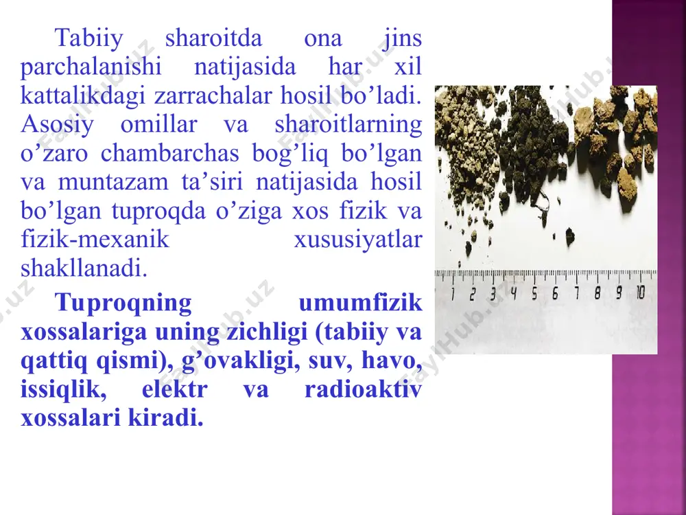 solishtirma og‘irligi 2,5—2,6 atrofida buladi. tuproqning solishtirma og‘irligini aniqlashda n.a.kachinskiyning «piknometr» usulidan foydalaniladi. bunda tuproq tomonidan siqib chiqarilgan suv miqdori bilan belgilanadi. tuproq g‘ovakligi tabiiy holatda joylashgan qatlam hajmiga barcha bo‘shliqlarning nisbatini ifodalaydi. g‘ovaklik tuproq qatlamida suv va havoning bo‘lishi va harakatini ta’minlaydi, mikroorganizmlarning yashashiga sharoit yaratadi. g‘ovaklik quyidagi formula yordamida aniqlanadi bunda: rum – umumiy g‘ovaklik (tuproq hajmi hisobida), %; dv — tuproq zichligi, g/sm3; d — tuproq qattiq qismining zichligi, g/sm3. tuproq qatlamidagi bo‘shliqlarning katta-kichikligiga qarab kapillyar va nokapillyar g‘ovaklikka ajraladi. odatda nokapillyar bo‘shliqlarda suv kapillyar kuchi ta’sirida ushlab turolmaydi va o‘z og‘irligi ta’sirida pastga shimilib ketadi, bo‘shliqlar havo bilan to‘ladi. g‘ovaklik ikki turga bo‘linadi: agregatlar orasidagi va agregatlar ichidagi g‘ovaklik. agregatlar ichidagi g‘ovaklik odatda tuproq donalari – mikro va makroagregatlar ichida shakllanadi va tuproqning suv ushlab turish qobiliyatini ifodalaydi. g’ovaklik kapilyar g’ovaklik agregatlar ichidagi g’ovaklik agragatlar orasidagi nokapilyar g’ovaklik mikroagregatlar makroagregatlar o‘simliklarning o‘sish, rivojlanish xususiyatlarini o‘rganishda hamda …