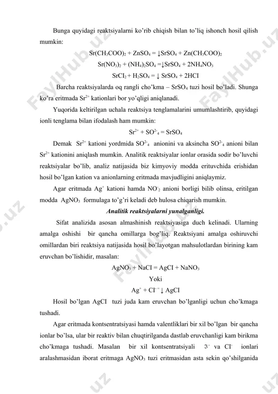 sulotlaridan birining gazsimon bo’lishidir. masalan, co2-3 anionining bor-yo’qligini aniqlash uchun o’tkaziladigan sifat reaktsiyalaridan biri qarbonat qislota tuzlarining kuchli qislota n ci bilan reaktsiyaga kirishidir: k2co3 + 2hci = 2kci + h2o + co2 yoki co2-3 + 2h+ = h2o + co2 almashinish reaktsiyasi maxsulotlaridan birining kam dissotsialanuvchan bo’lishini ayni reaktsiyani amalga oshiruvchi omillardan uchinchisi deb qarash mumkin. bunga misol qilib neytrallanish reaktsiyani ko’rsatish mumkin: 2naoh+h2so4=na2so4+2h2o yoki oh-+h+=h2o demak, on- va n+ ionlarining o’zaro birikishi tufayli kam dissotsilanadigan h2o molekulasi hosil bo’ladi. reaktsiya maxsulotlarida birining o’ziga hos rangga ega bo’lishi ham analitik ahamiyatga, masalan fe3+ kationini kaliy rodanid kcns bilan aniqlashda qo’llaniladigan reaktsiya qizil-qo’ng’ir tusli temir rodanid hosil bo’lishi bilan amalga oshadi. eritmalarni bo’lib-bo’lib yoki sistemali analiz qilish. xususiy reaktsiyalar yordamida ionlarini topishda ularni gruppalarga ajratib o’tirmay, tekshirilaetgan eritmalarning bir qismida topish (eki bo’lib-bo’lib analiz qilish) usuli qo’llaniladi. bo’lib-bo’lib analiz qilish usuli istalgan ketma-ketlik bilan o’tkazilishi mumkin. n.a.tananaev taklif etgan bu …