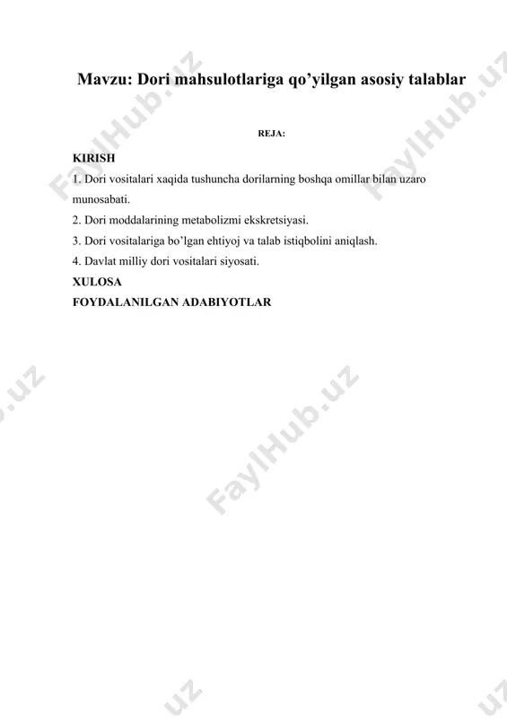 sati bo'yicha yig'ilish bo'lib o'tdi va unda a'zo davlatlar uchun amaliy tavsiyanomalar ishlab chiqildi, hamda «davlat dori siyosatini tuzish tavsiyanomasi» nomi bilan chop etildi. chop etilgan maqolaning ahamiyati bir necha bor isbotlandi. 1999 yil 150 ta jsst a'zosi «asosiy dori vositalar ro'yxati» ga ega bo'ldi. њzbekiston respublikasi milliy dori siyosati dasturi 30 may 1999 yilda tasdiqlandi. bu dastur 7-bo'limdan iborat bo'lib 1-bo'lim normativ –huquqiy bazani takomillashtirish (soverinlol) 2 bo'lim dori vositalarini tanlash. 3-aholini dori ta'minoti 4- dori mahsulotlaridan oqilona foydalanish 5- dori mahsulotlari nisbatan iqtisodiy siyosat. 6-ilmiy tekshiruv ishlari. monitoring va baholash. 7 kadrlar siyosati. 1. dori vositalari xaqida tushuncha, dorilarning boshqa omillar bilan uzaro munosabati. eramizdan 46 yil avval yashab ijod etgan grеk olimi gippokrat birinchilardan bo’lib, o’z davrigacha ishlatilib kеlingan dorivor moddalarni ma'lum sistеmaga soladi. ungacha bo’lgan ma'lumotlarga karaganda kasalni kеlib chikishida tanani tuzilishida ishtirok etgan to’rtta moddalarni (olov, suv, xavo va еr) o’zaro munosabatini buzilishi katta rol …