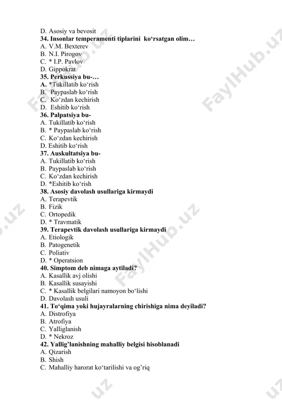 1. * 3 guruh 1. 4 guruh 1. 5 guruh 55. birinchi tibbiy yordam bosqichlariga kirmaydi 1. shikastlovchi omillar ta’siridan qutqarish 1. tezda birinchi tibbiy yordam ko‘rsatish 1. davolash muassasasiga olib borish 1. * operativ davo 56. venaga tomchilab dori yuborishda eritmali idish to‘shak sathidan qancha balandlikda bo‘ladi? 1. yarim metr 1. * 1 metr 1. 2 metr 1. 30 sm 57. venaga tomchilab dori yuborishda bir minutda necha tomchi dori tomshi kerak? 1. 10-20 tomchi 1. 30-40 tomchi 1. * 50-60 tomchi 1. 100 tomchi 58. muskul orasiga in’yeksiya qilinganda nina diametri qancha bo‘ladi? 1. * 0,8-1,5 mm 1. 0,3-0,5 mm 1. 1-2 mm d. 2-3 mm 59. muskul orasiga in;yeksiya qilish uchun qaysi soha muskullari tanlanmaydi? 1. dumba muskullari 1. qorin muskullari 1. son muskullari 1. * yelka muskullari 60. teri osti in’yeksiyasida nina necha 0 ostida teriga kiritiladi? 1. 10-200 1. b.* 450 1. 150 1. 900 …