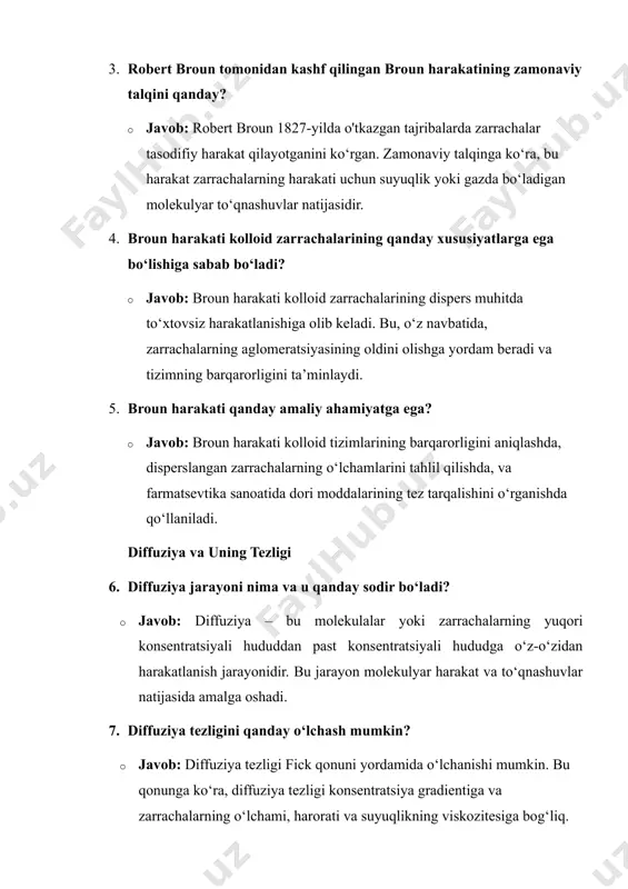 azorat qiladi. 14. osmotik bosimni o‘lchashda ishlatiladigan eksperimental usullar qanday? · javob: osmotik bosimni o‘lchash uchun osmometr, yarim o‘tkazuvchan membrana va kontsentratsiya farqlari yordamida usullar qo‘llaniladi. 15. osmotik bosim va molekulyar massaning o‘zaro aloqasini tushuntiring. · javob: osmotik bosim molekulyar massaga bog‘liq, chunki kattaroq molekulalar ko‘proq bosim yaratadi va ular ko‘proq suyuqlikni o‘zlariga tortadi. sedimentatsion tahlil 16. sedimentatsiya jarayoni nima va u qanday sodir bo‘ladi? · javob: sedimentatsiya – bu zarrachalarning tortishish kuchi ta’sirida suyuqlikning pastki qatlamiga tushishi jarayonidir. bu jarayon zarrachalar o‘lchamiga va zichligiga qarab sodir bo‘ladi. 17. sedimentatsion tahlil yordamida kolloid zarrachalarining o‘lchamini qanday aniqlash mumkin? · javob: sedimentatsion tahlil zarrachalarning sedimentatsiya tezligini o‘lchash orqali amalga oshiriladi. zarrachalar o‘lchamiga va tizimning viskozitesiga qarab sedimentatsiya tezligi farq qiladi. 18. sedimentatsiya tezligiga qanday omillar ta’sir qiladi? · javob: sedimentatsiya tezligiga zarrachalarning o‘lchami, zichligi, suyuqlikning viskozitesi va tortishish kuchi ta’sir qiladi. 19. sedimentatsion tahlilning sanoat va ilmiy tadqiqotlarda qanday qo‘llanilishi mavjud? …