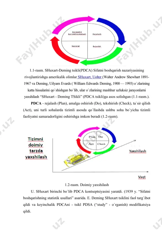 sizlar. g`arbliklar sizdan himoya so`rashmaganlarigacha eshitishni davom ettiringlar”. ushbu so`zlar umum sifat menejmentining otasi hisoblanmish e. demingning 1950 yilda tokio shahrida yaponiyaning 45 yirik kompaniyalari rahbarlari oldida so`zlagan nuqtida bayon etilgan. deming yondashuvining mohiyati quyidagicha: past samaradorlik va yomon sifatning sababi aksariyat hollarda, xodimlarda emas, balki tizimda. shunday ekan, ishlab chiqarish natijalarini yaxshilash uchun rahbarlarning tizimning o`ziga o`zgartirishlar kiritishlari kerak. deming o`zining asosiy e`tiborini quyidagilarga qaratgan: -standartlardan chekinishlar haqida statistik axborotlarni yig`ishning zarurligiga; -jarayonlar va kompaniya mahsulotlaridagi chetga chiqishlarning kamayishiga; -chetga chiqishlarning sabablarini izlash, tahlil etish va bartaraf etishga. bugungi kundayam edvard demingning 14 tamoyillari butun dunyo bo`yicha sifatni boshqarishning asosiy tamoyillari bo`lib hisoblandi. deming, djuran va isikava g`oyalarini bosqichma-bosqich dastlab yaponiyada keyinchalik boshqa g`arb mamlakatlarda keng qo`llanila boshlandi. bu davrda amerikalik olim a.feygenbuam tomonidan umum sifat nazorati(tqc) kontseptsiyasi yaratiladi. tqc kontseptsiyasini yaponiyada qo`llash ommaviylashib ketadi. bu davrga kelib, hujjatlashtirilgan sifat tizimi paydo bo`ladi va unda nafaqat sifat xizmati mutaxassislarining, …
