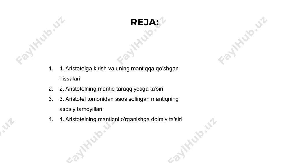 yuritishning bu usuli turli ta’lim sohalarida keng qo‘llanilgan. bundan tashqari, aristotelning deduktiv fikrlashning ahamiyatiga va mantiqiy noto'g'ri tushunchalarni tasniflashga urg'u berishi bizning dalillarga yondashish va baholash usuliga ta'sir qildi. uning doimiy hissasi zamonaviy fikrlash va intellektual nutqni shakllantirishda davom etmoqda. 4. aristotelning mantiqni o'rganishga doimiy ta'siri venus is the second planet from the sun mercury is the closest planet to the sun jupiter is the biggest planet of them all 1 2 3 5. aristotel mantiqini zamonaviy nazariyalar bilan solishtirish aristotel mantiq fanining shakllanishida hal qiluvchi rol o'ynadi, turli zamonaviy nazariyalarga asos soldi. uning tizimli yondashuvi va kategorik mantiqi bugungi kunda ham o‘z ta’sirini saqlab kelmoqda. aristotel mantig‘ini zamonaviy nazariyalar bilan solishtirish ham o‘xshashlik, ham farqlarni ko‘rsatadi. uning toifalar va sillogizmlarga urg'u berishda davom etsa-da, zamonaviy yondashuvlar yangi uslub va texnologiyalarni o'z ichiga olgan holda rivojlandi. aristotel davridan beri mantiq sohasidagi yutuqlarga qaramay, uning hissasi fikrlash va argumentatsiya asoslarini tushunish …