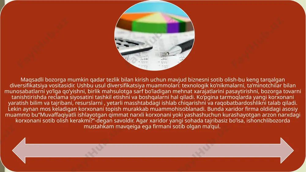 qarish usullari va boshqaruv nou-xaularida, marketing va mahsulot sotishda bir xil yondoshuvlarni qo’llashda, bir xil ulgurji xaridorlar va chakana dilerlarda, sotuvdan keyingi xizmat ko’rsatish saloxiyatida, shuningdek umumiy savdo markasidan foydalanishdan olingan sinergitik samarada namoyon bo’ladi. turdosh tarmoqlarga diversifikatsiyalash xaqiqatda jozibali ko’rinadi. u mavjud ishbop faollik darajasini saqlab qolish, maxorat va tajribani o’rgatish xisobiga raqobat ustunligidan foydalanish, shuningdek investitsiyalash xavfini turdosh tarmoqlardagi korxonalar bilan bo’lishish imkoniyatini beradi. qachonki ikkita korxonaga raxbarlik qilish, ularning aloxida faoliyat ko’rsatishiga nisbatan arzonga tushsa, shundagina turdosh diversifikatsiyalashda faoliyat miqyoslaridagi tejamkorlik mavjud bo’ladi. turdosh tarmoqlar o’rtasidagi strategik muvofiqlik quyidagilar xisobiga raqobat ustunligi uchun saloxiyatni vujudga keltiradi: a) ancha past ishlab chiqarish xarajatlari. b) bir tarmoqdan ikkinchisiga asosiy malaka va tajriba, texnologik xususiyatlar, boshqaruv nau-xaularini samarali o’zatish. v) umumiy tovar markasidan foydalanish imkoniyatlari. biznesning yaqin sohalaridagi strategik muvofiklik xisobiga erishilgan raqobat ustunligi individual ishlab chiqarishga qaraganda qushimcha saloxiyat beradi. turdosh tarmoqlarga diversifikatsiyalashning eng tarqalgan yo’llari quyidagilar: sotish imkoniyatlari …