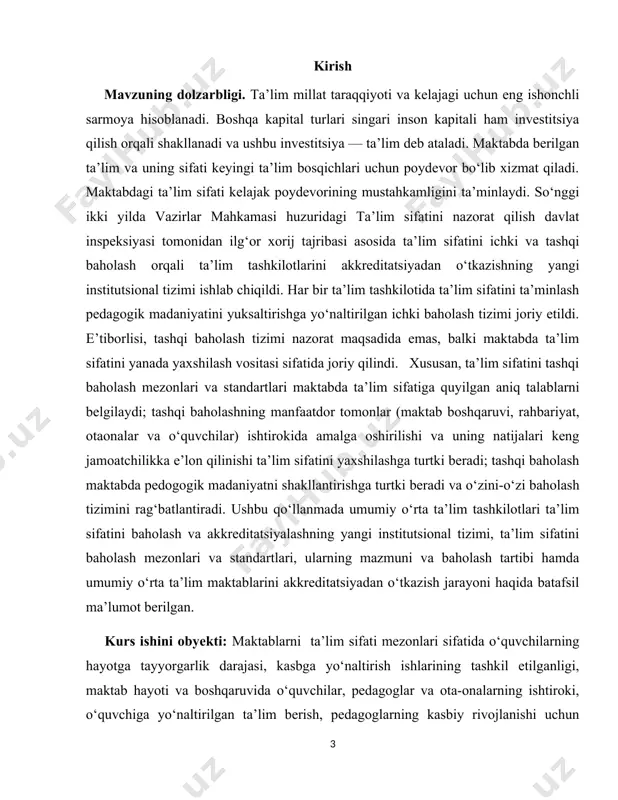 gan tarbiyaviy ishlar nazariyasi va amaliyotini yoritish kurs ishi: kirish, 2 ta bob , xulosa va foydalanilgan adabiyotlar ro‘yxatidan iborat. muhtaram prezidentimiz shavkat mirziyoyev1 aytganidek: “agar kimda-kim maktab bu faqat xalq ta'limi vazirligining ishi, deb o'ylasa, mutlaqo yanglishadi. maktab ta'limi sohasidagi islohotlar vazirlik va idoralar, tarmoq rahbarlari, barcha darajadagi hokimlar, ilmiy tashkilotlar, ziyolilar, keng jamoatchilikning vazifasi bo'lishi shart va zarur. shundagina kutilgan natijaga erishish mumkin” yosh avlodga tarbiya berishdek murakkab vazifani hal etishda maktab juda katta ahamiyat kasb etadi. ayni shu joyda yoshlarimiz ijtimoiy jamiyat va ilmiy texnika taraqqiyoti talablariga javob bera oladigan mukammal ma’lumotlarni oladilar. maktab yoshlarining dunyoqarashlariga poydevor hamda g’oyaviy e’tiqodlari uchun negiz yaratadi, ularning irodalarini shakllantiradi, xalqimiz baxtsaodati yo’lida sidqidildan mehnat qilishga taayyorlaydi. shuning uchun ham mamlakatimizda qabul qilingan “ta’lim to’g’risida”gi qonun (2020 yil 23.09) ta’lim tizimining buguni va kelajagiga umid bilan qarashga undaydi. hozirgi zamon maktabi tubdan yangilanmoqda. o’quvchilarga tarbiya berish, ularga ta’lim berish bilan mustahkam …