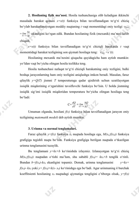 ) keltirib chiqarish mumkin. 1-misol. abstsissasi x=1 bo‘lgan nuqtada y=1/x giperbolaga o‘tkazilgan urinma va normal tenglamalarini tuzing. yechish. bu misolda x0=1, f(x0)=1, f’(x)=- , f’(1)=-1. bu qiymatlarni (3.1) formulaga qo‘yib urinma tenglamasini hosil qilamiz: y=1-(x-1), ya’ni y=2-x; (3.2) formuladan foydalanib, normal tenglamasini yozamiz: y=1+(x-1), ya’ni y=x. 2-misol. y=x2 parabolaning a(0;-4) nuqtadan o‘tuvchi urinma tenglamasini yozing. yechish. berilgan nuqta y=x2 parabolaga tegishli emasligi ko‘rinib turibdi. faraz qilaylik x=x0 nuqta urinish nuqtasining abssissasi bo‘lsin. u holda f(x0)=x02, f’(x)=2x, f’(x0)=2x0. (3.1) formuladan foydalansak y= x02+2x0(x-x0) ya’ni y= 2x0x- x02 (3.3) tenglamaga ega bo‘lamiz. shartga ko‘ra urinma (0;-4) nuqtadan o‘tishi kerak. (3.3) tenglamada x va y o‘rniga 0 va -4 qiymatlarini qo‘yib x0 ga nisbatan -4=- x02 tenglamaga ega bo‘lamiz. bundan x0=2, x0=-2 bo‘lishini topamiz. agar x0=2 bo‘lsa, u holda urinma tenglamasi y=4x-4; agar x0=-2 bo‘lsa, y=-4x-4 bo‘ladi. shunday qilib, ko‘rsatilgan shartni qanoatlantiruvchi ikkita y=4x-4, y=-4x-4 urinma tenglamasini hosil qildik. 4. ikki chiziq orasidagi …