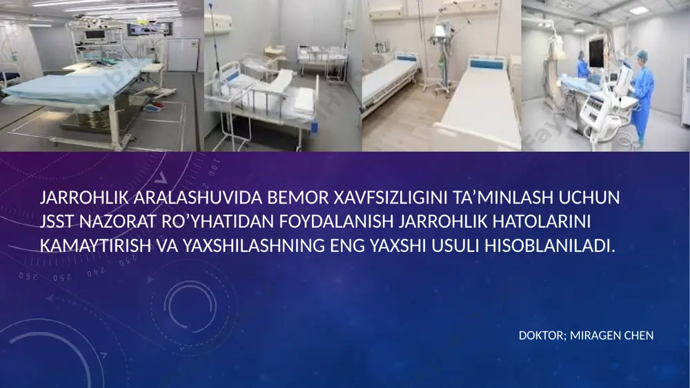 ayadan keyingi xavfni baholash jarrohlik aralashuvidan oldin paydo bo’lgan asorotlar sabablari; antibiotiklarni qabul qilishda salbiy reaksiayalar nozokomial infeksiayalarining oldini olish jarayonida asorotlar tashish qoidalarining buzilishi natijada bemor shikastlanishi anesteziologik asorotlar operatsiya jarayonida sodir bo’ladigan asorotlar; qon ketishi,asosan operatsiya texnikasiga rioya qilmagan holda -qo’shni orgonlarning shikastlanishi venoz tromboembolik asorot o’pka emboliyasi dori vositalari tufayli salbiy reaksiyalar va anesteziologik hatolar asorotlari jarrohlik amaliyotidan keyingi asorotlar; operatsiyadan keyin bemorning 24 soat ichida hushiga kelmasligi -yuqumli asorotlarning pado bo’lishi masalan; sepsis,peritonit gematomalar opertasiyadan keyin tikilgan jarohat sohasida asorot operatsiya vaqtida qolib ketgan begona jismlar dispepsiya o’tkir nafas yetishmovchiligi yurak yetishmovchiligi artmiya jarrohlik aralashuvida bemor xavfsizligini taminlash uchun operatsiyadan oldin; -operatsiya guruhi tayyorligi - bemorning shaxsi aniqlanadi - yozma rozilik olinadi -anesteziya preparatlarni sinovdan o’tkazish,anesteziya kuzatuv uskunalarni ishga tayyorligini tekshirish -bemorda ma’lum allergiya bormi -havo yo’llari bilan bog’liq muommolar bor yo’qligi -qon yo’qotish xavfini hisobga olgan holda qon komponentlarini tayyor qilib qo’yish profilaktika ; jarrohlik …