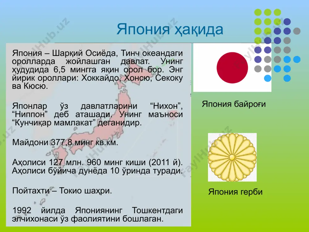 синфлар) бошланғич мактабни тугатганга қадар болалар 1006 та канжини ёд олишлари талаб этилади. ўрта мактабда юқоридаги фанларга қўшимча равишда яна инглиз тили ва бир қанча махсус фанлар қўшилади. ушбу фанларнинг сони мактабларга қараб турлича бўлади. ўрта мактаб (7-9 синфлар) мактаб формаси мажбурий ҳисобланади. дарс 50 дақиқа давом этади. бир кунда 6 тагача дарслар бўлади. олий мактаб (10-12 синфлар) мактаб формаси мажбурий ҳисобланади. дарс 50 дақиқа давом этади. бир кунда 6 тагача дарслар бўлади. юқори мактабда фанлар бирмунча бошқачароқ тақсимланган. ўқувчиларга олий мактабда кўпроқ махсус ихтисослашган фанлар ўқитилади. дзюку, яъни “маҳорат мактаби” дзюкулар қўшимча мактаб бўлиб, улар болаларни мавзуни ўзлаштиришларига кўмаклашади. ушбу мактабларни “репетиторлик мактаби” дейиш ҳам мумкин. у ерда махсус ёлланган ўқитувчилар болаларга мактабда тушунтирилган мавзуни янада чуқурроқ ўргатишади. дзюку, яъни “маҳорат мактаби” илк бора ушбу мактаблар токиода xvii асрда пайдо бўлган. мактабда 10га яқин болалар таҳсил олган. бир неча йиллар аввал у ерда фақатгина университетларга кириш учун ўқиларди, эндиликда …