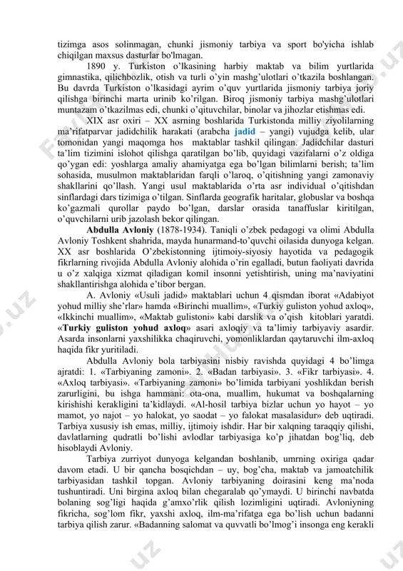 a ta’sir ko’rsatib kelgan. xonliklarda ta’lim tizimi faqat diniy o’quv muassasalaridan iborat bo’lgan. ta’lim muassasalarining asosiy turlariga boshlang’ich ma’lumot beradigan maktab hamda o’rta va oliy diniy ta’lim beradigan madrasalar kirgan edi. madrasalarda talabalar diniy falsafa, arab tilining grammatikasi, musulmon huquqlari, mantiq ilmlarini o’rganishgan. maktab va madrasalarda jismoniy tarbiya darslari bo’lmagan. jismoniy mashq bajarish, hatto serharakat o’yinlar o’ynash ham ruhsat etilmagan. shunga qaramasdan, xalq o'zlarining milliy o'yinlarini tashkil qilishni davom ettirdi. kurash, poyga, uloq, darbozlik, akrobatika, harakatli o'yinlar keng tarqaldi. navro'z, hosil bayrami va boshqa udumlarga bag'ishlangan xalq sayllari hamda katta to'ylarda polvonlarning bellashuvi, mohir chavandozlarning chaqqonligi, darboz o'yinlari, arqon tortishish, tosh ko'tarish kabi o'yin va namoyishlari hammani hayratga solar va juda qiziqarli bo'lgan. markaziy osiyoda jismoniy tarbiya doimo an’anaviy hususiyatlarga ega bo’lgan. jismoniy mashqlar empirik tarzda (yunoncha empeiria - tajriba yo’li bilan) vujudga kelgan va ilmga asoslanmagan bo’lsa ham, hamisha chuqur halq an’analarini o’zida saqlab kelgan. jumladan, milliy jismoniy madaniyat …