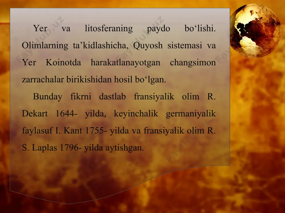 siyo, gondvanadan esa afrika, avstraliya, antarktida va janubiy amerika materiklari ajralib chiqqan. ular oralig‘ida hozirgi okeanlar tarkib topgan. * litosfera plitalari tektonikasi. 1968- yilda amerikalik bir guruh olimlar (l. r. sayks, j. oliver va b.) yangi mobilizm, ya’ni „litosfera plitalari tektonikasi“ giðotezasini e’lon qilishdi. bu beruniy, vegener g‘oyalari asosida yaratilgan eng so‘nggi, mukammal gipotezadir. okean tubi tadqiqotlari, kosmik tasvirlar tahlili, aniq geodezik o‘lchovlar va boshqa manbalardan olingan yangi ma’lumotlar natijasida litosfera plitalarining turli tomonga, har xil tezlikda harakatlanayotganligi ma’lum bo‘ldi. bunga yuqori mantiya va astenosfera qatlamlaridagi moddalarning uyurmali harakati sababdir (5- rasm). * mantiya moddalarining yuqori tomonga harakatlanishi natijasida litosfera plitalari bir-biridan uzoqlashadi. natijada o‘rta okean tizmalari paydo bo‘lib, bazaltli okean po‘sti kengayadi. bu hududda darz (rift)lar, yer yoriqlari, harakatdagi vulqonlar mavjud hamda kuchli zilzilalar bo‘lib turadi. kengayish hodisasi afrika yer yorig‘i, baykal ko‘li, qizil dengiz va boshqa joylarda ham kuzatilgan. fan-texnika taraqqiyotining yangi ma’lumotlari asosida materiklar va okeanlarning vujudga …