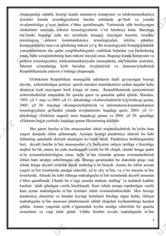 sa hozirgi pandemiya sharoiti bu kabi ishlarning qanchalik dolzarb ekanligini ko’rsatib berdi. pandemiya boshlanganidan beri, deyarli barcha ta’lim muassasalari o’z faoliyatini onlayn tartibga o’tkazishga majbur bo’ldi, ammo bu juda mashaqqatli vazifa bo’lib chiqdi, chunki bunga qadar to’la avtomatlashtirishgina emas, balki ta’lim tizimida qisman avtomatlashtirish ishlari ham amalga oshirilmagan edi. shunga qaramasdan bu sharoitda qisqa vaqt ichida bunga deyarli erishildi desak mubolag’a bo’lmaydi. ammo bu ishlar asosan yuqori ta’lim tizimlarida amalga oshirildi, ya’ni oliy ta’lim, va o’rta maxsus ta’lim tizimlarida. afsuski bu kabi ishlarga maktabgacha ta’lim tizimlarida deyarli umuman e’tibor qaratilmadi. chunki bu o’ziga yarasha mehnat, mablag’ va malakali kadrlar kuchini talab qiladigan vazifa hisoblanadi. kurs ishida menga topshirilgan vazifa ham aynan maktabgacha ta’lim tizimlari ishini avtomatlashtirishdir. men hozirgi pandemiya sharoitini va bundan keyingi holatlarni hisobga olgan holda, onlayn maktabgacha ta’lim muassasi platformasini ishlab chiqishni loyihalashtirga harakat qildim. ammo yuqorida aytib o’tganimdek loyiha amalga oshirilishi bir qancha resurslarni va vaqt talab …
