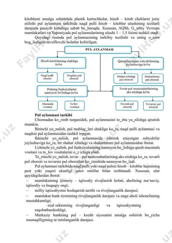 ga keladigan iqtisodiy munosabatlar, ya‘ni aylanmalar hisoblanadi. pul aylanmasi subyektlari o‗rtasida amalga oshiriladigan iqtisodiy munosabatlar naqd va naqd pulsiz ko‗rinishida amalga oshiriladi. xorijiy mamlakatlar iqtisodiy adabiyotdarida pul aylanmasi deyarli o‗rganilmaydi. buning asosiy sabablaridan biri, balki mazkur mamlakatlar bank muassasalarida hisob – kitoblarni amalga oshirishda pul aylanmasi naqd va naqd pulsiz ko‗rinishi shakllari o‗rtasida farq mavjud emasligi bo‗lishi mumkin. haqiqatda ham rivojlangan va ayrim rivojlanayotgan mamlakatlar banklarida naqd va naqdsiz pul hisob – kitoblarni amalga oshirish o‗rtasida farq mavjud emas. shu bilan birga, mdh mamlakatlari iqtisodiy adabiyotlarining deyarli barchasida ―pul aylanmasi‖ va ―to‗lov aylanmasi‖ alohida – alohida o‗rganiladi. ularni bir – biridan farqlashda asosiy e‘tibor hisob – kitoblarni amalga oshirishda naqd pulni ishtirok etishi yoki etmasligiga qaratiladi. pul aylanmasida bevosita naqd pullar to‗lovlarni amalga oshirishda ishtirok etadi. keyingi yillarda hisob – kitoblarni amalga oshirishda plastik kartochkalar, hisob – kitob cheklarni joriy etilishi pul aylanmasi tarkibida naqd pulli hisob – kitoblar ulushining …