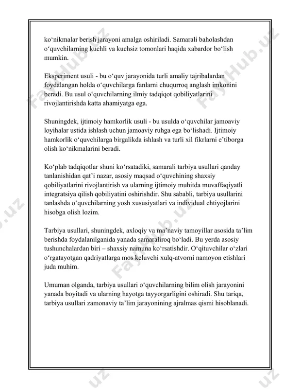 chidan, zamonaviy pedagogika fani tarbiya shakllarini samaradorlik darajasi bo‘yicha baholaydi. tarbiyaning samaradorligini oshirish uchun turli innovatsion metodlar va texnologiyalar tatbiq etiladi. masalan, interaktiv usullarni, ijodiy faoliyat turlarini qo‘llash orqali tarbiyaning sifatini oshirish ushbu metodlardan biridir. tarbiya shakllarining tasnifi qator fanlar kesimida tahlil qilinadi, jumladan psixologiya, sotsiologiya, pedagogika kabi fanlar bu jarayonning nazariy va amaliy jihatlarini o'rganadi. tarbiya usullarini takomillashtirish va yangilash orqali milliy qolipda yetuk insonlar tarbiyasi amalga oshiriladi. izchil va samarali tarbiya jarayonining amalga oshirilishi jamiyatning har bir a'zosi oldida turgan maqsadlarga erishishda muhim ahamiyat kasb etadi. tarbiya shakllari orasida bo'lgan muvofiqlik, ularning o‘zaro bog‘liqligi va bir-birini to‘ldirib borishini ta'minlash orqali yuqori natijalarga erishish mumkin. 3. tarbiya jarayonida usul va shakllarning o‘rni tarbiya jarayonida usul va shakllarning o‘rni masalasi juda muhim. bu mavzu ko‘p yillar mobaynida pedagoglar, psixologlar va boshqa mutaxassislar tomonidan o‘rganib kelinmoqda. tarbiya jarayonining o‘zi esa ta'limning bir qismi bo‘lib, shaxsning ma'naviy va axloqiy jihatdan rivojlanishi uchun …