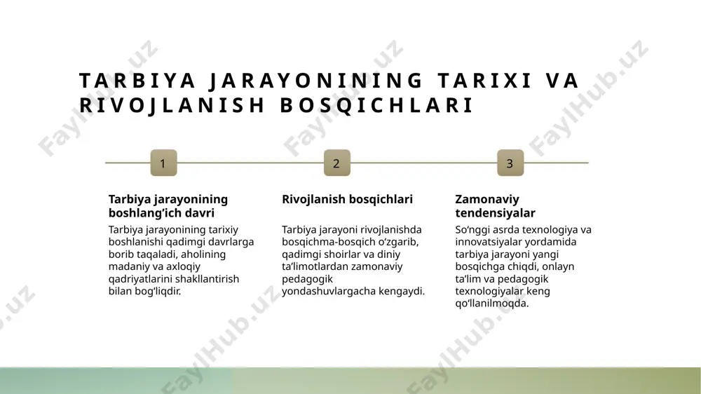 va vazifalarini texnologik yondashuv bilan tahlil qilish. 1 mazmuni va vazifalari tarbiya jarayonining mazmuni, jamiyat va shaxs ehtiyojlariga mos keladigan pedagogik maqsadlar va faoliyatlarni o'z ichiga oladi. texnologiyalar bu jarayonni yanada samarali va interaktiv qilish imkonini beradi. 2 texnologik yondashuvlar zamonaviy texnologiyalar, masalan, onlayn platformalar va multimediya vositalari, tarbiya vazifalarini aniqroq belgilash va amalga oshirishga yordam beradi. ular shuningdek, shaxsiy ehtiyojlarga moslashtirilgan ta'limni rivojlantiradi. 3 natijalarning baholash texnologiyalar yordamida tarbiya jarayonining samaradorligini kuzatish va baholash uchun zamonaviy metodlar ishlab chiqildi. bu, shuningdek, pedagogik innovatsiyalarni joriy etishda muhim ahamiyatga ega. tarbiya jarayonini texnologiyalashtirishning nazariy asoslari: asosiy tushunchalar va prinsiplari. 1 innovatsion tushunchalar tarbiya jarayonini texnologiyalashtirishda pedagogik innovatsiyalar va zamonaviy texnologik yondashuvlar asosiy tushunchalardir. ular ta'lim sifatini oshirish uchun yangi metodlarni joriy etadi. 2 prinsip va tamoyillar bu jarayonning muvaffaqiyati uchun asosiy prinsiplarga, masalan, individual yondashuv va interaktivlikka amal qilish muhimdir. ular ta'lim jarayonini rivojlantiradi. 3 texnologik integratsiya o'qitish va tarbiyada texnologiyalarni …