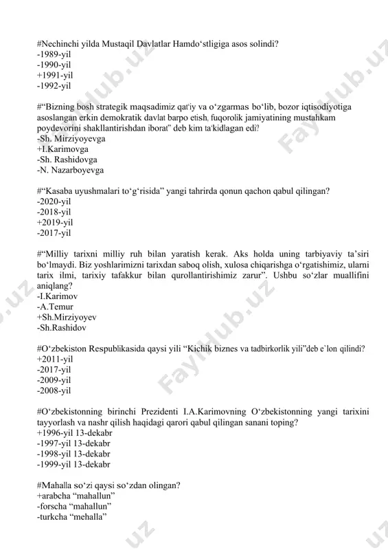 st -1996-yil 24-avgust -1998-yil 24-avgust #o‘zbekistonda qishloq xo‘jaligi rivojida qaysi usul o‘zining samarasini ko‘rsatdi? -ijara usuli. -pudrat usuli. -fermerlik usuli. +klaster usuli. #o‘zbekiston respublikasida vitse-prezident lavozimi qachon tugatildi? -1991 yil 18 noyabr -1991 yil 29 dekabr +1992 yil 4 yanvar -1992 yil 8 dekabr #yunesko qaroriga binoan qaysi shaharda markaziy osiyo tadqiqotlari xalqaro instituti tashkil etilgan? -xiva -toshkent -buxoro +samarqand #qaysi partiya ko‘p jihatdan sobiq kommunistik partiyaning merosxo‘ri sifatida e‘tirof etiladi? -o‘zbekiston liberal-demokratik partiyasi. -milliy tiklanish demokratik partiyasi. -adolat sotsial-demokratik partiyasi. +o‘zbekiston xalq demokratik partiyasi. “o‘zbekiston respublikasining davlat mustaqilligi to‘g‘risida”gi qonuni necha moddadan iborat? -18 -20 -23 +17 #2008-yilda oliy majlis qonunchilik palatasi a’zolari soni 120 dan nechtaga oshirildi? +150 -250 -100 -500 #o‘zbekiston respublikasida saylovlar tashkil etish va o‘tkazish bo‘yicha doimiy organ qaysi? +oliy majlis -vazirlar mahkamasi -markaziy saylovlar komissiyasi -konstitutsiyaviy sud #ijro etivchi hokimiyat qanday nomlanadi? +vazirlar mahkamasi -oliy majlis -sud tizimi -prokuratura #nechanchi yillarda asaka shahrida “uzdewo” …