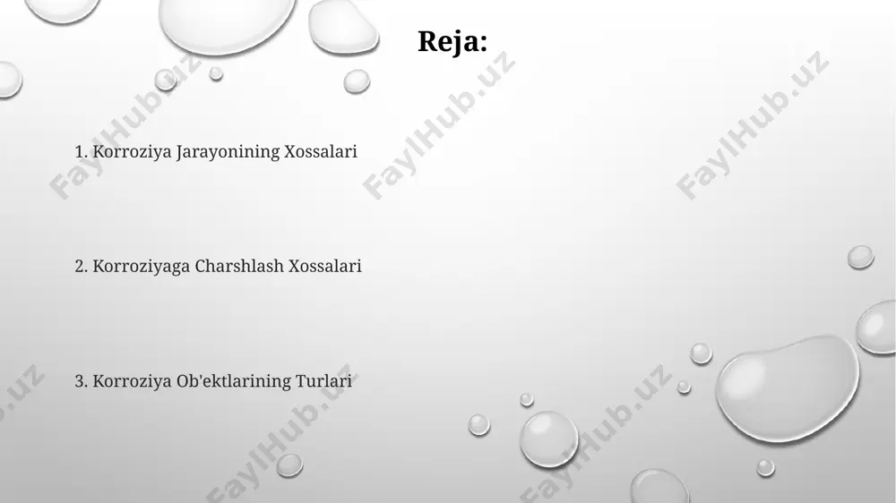 kin, bu esa 0,1 mm/yil dan 10 mm/yil gacha bo'lishi mumkin. elektroximiy usullar, masalan, potentsialni o'lchash va polarizatsion egrilarni tahlil qilish, korroziya jarayonining kinetikasini va mexanizmini aniqlashda ishlatiladi, bu esa korroziya turi va darajasini aniqlash imkonini beradi. korroziya mahsulotlarining xossalari ba'zi korroziya mahsulotlari, jumladan, passiv qatlamlar, 10-100 nm qalinlikda bo'lib, metallning keyingi korroziyadan himoyalanishida muhim rol o'ynaydi. korroziya jarayonida hosil bo'lgan birikmalarning elektr o'tkazuvchanligi metallnikiga nisbatan sezilarli darajada past, bu esa korroziya tezligini pasaytirishi mumkin. korroziya mahsulotlari, masalan, zang, ko'pincha amorf tuzilishga ega bo'lib, zichligi 7 g/sm³ dan past bo'lishi mumkin va mexanik mustahkamligi asosiy metallga nisbatan ancha past. korroziya turlari korroziyaning elektrokimyoviy turi metallarning elektrolit muhitda potensiallar farqi tufayli yuzaga keladi, bu jarayon metallarning 80% gacha zararlanishiga olib kelishi mumkin va korroziya tezligini 0,1 mm/yil dan 10 mm/yilgacha o'zgarishi mumkin. atmosfera korroziyasi, namlik va havo tarkibidagi agressiv gazlar (so2, co2, h2s) ta'siri ostida yuz beradi va metallarning sirt qatlamini …