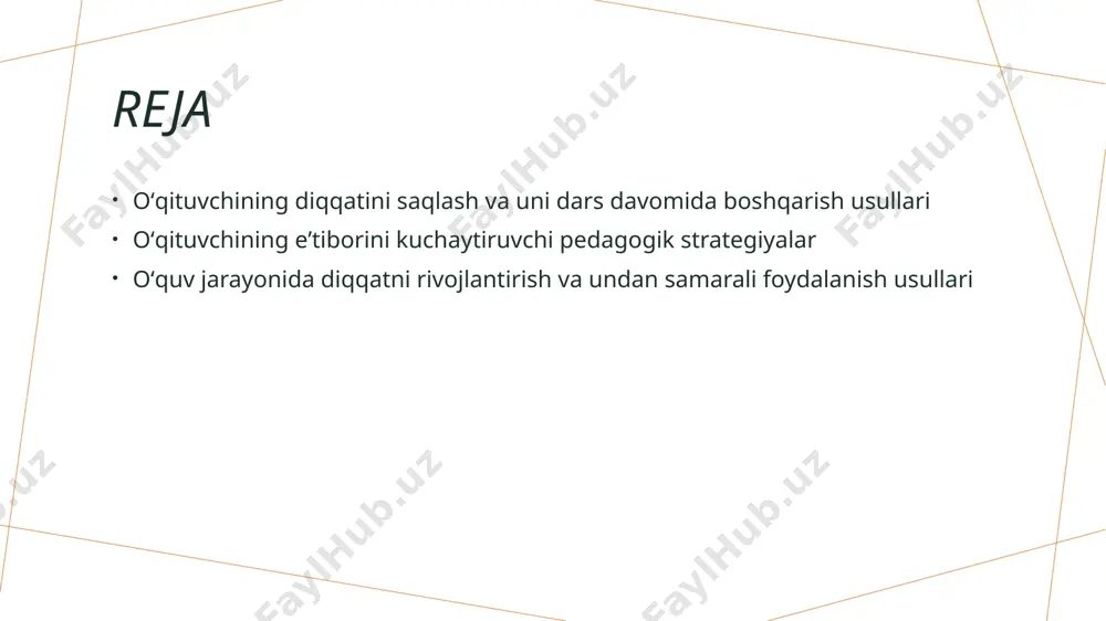 atsiya va rag‘batlantirish o‘quvchilarning qiziqishini mustahkamlash uchun maqsadlarni aniqlik bilan belgilash va muvaffaqiyatlarni mukofotlash, diqqatni uzoq ushlab turishga yordam beradi. interaktiv metodlar savol-javob, guruh muhokamasi va amaliy faoliyatlar orqali diqqatni faollashtirish, o‘quvchilarning faol ishtirokini ta’minlaydi va diqqatni rivojlantiradi. klassik va zamonaviy pedagogik texnikalar yordamida oʻqituvchining diqqati va boshqaruvini mustahkamlash 1 klassik pedagogik texnikalar klassik texnikalar, masalan, muayyan dars rejimi, savol-javob usullari va vizual materiallardan foydalanish orqali o'qituvchining diqqatini saqlashga yordam beradi, o'quvchilarga tartibli va e'tiborli muhit yaratadi. 2 zamonaviy texnologik yondashuvlar interaktiv ta'lim platformalari, virtual laboratoriyalar va multimedia vositalar o'qituvchining diqqatini oshiradi, o'quvchilarning faol qatnashuvini ta'minlaydi va diqqatni uzoq davom etishini rag'batlantiradi. oʻqituvchining diqqatini saqlash uchun motivatsion texnikalar 1 motivatsion mukofotlar - o'qituvchilar uchun motivatsion mukofotlar, masalan, tabriknomalar yoki sertifikatlar, eʼtiborni saqlashda va o‘zini anglashda muhim rol o‘ynaydi. 2 maqsadga erishish - aniq va amalga oshiriladigan maqsadlar belgilash, o‘qituvchining o‘z faoliyatidan qoniqish hosil qilishiga yordam beradi, bu esa diqqatni oshiradi. …