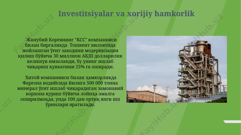 di. kadrlar tayyorlash va malaka oshirish toshkent shahrida joylashgan kimyo-texnologiya institutlari yiliga 300 ga yaqin muhandis va texnolog tayyorlaydi, ularning ko'plari o'g'it ishlab chiqarish korxonalarida ishlaydi. farg'ona vodiysi hududida 2023 yilda 150 dan ziyod kimyogar va texnologning malakasini oshirish bo'yicha dastur amalga oshirildi. ekologik xavfsizlik va atrof-muhit muhofazasi o'zbekistondagi mineral o'g'itlar ishlab chiqarishda suv resurslaridan 15 milliard kub metrdan ortiq miqdorda foydalaniladi, bu esa amudaryo havzasining ekologik muvozanatini buzishi mumkin. farg'ona vodiysida joylashgan kimyoviy o'g'itlar korxonalaridan chiqadigan 10 ming tonnadan ortiq chiqindilar maxsus poligonlarda saqlanadi, ammo ularning xavfsizligi va uzoq muddatli ta'siri yaxshi o'rganilmagan. ilmiy-tadqiqot ishlari va innovatsiyalar qarshi shahridagi kimyo sanoati instituti tomonidan fosforli o'g'itlar ishlab chiqarishda yangi katalizatorlarni qo'llash bo'yicha 5 yillik tadqiqotlar olib borildi, buning natijasida mahsulot sifati 20% ga yaxshilandi. navoiy viloyatidagi "azot" mchjda o'tkazilgan tadqiqotlar natijasida yangi ammiak ishlab chiqarish texnologiyasi joriy etildi, bu esa 15% ga samaradorlikni oshirdi va energiya sarfini 10 mw ga …