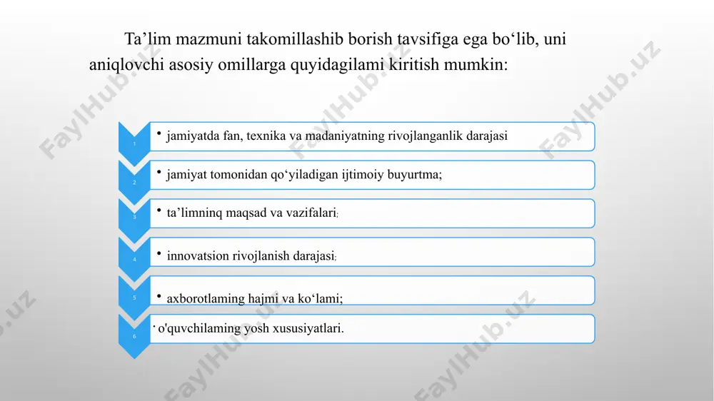 qsadlariga, o‘quv yuklamalari hajmiga hamda ta’lim sifatiga qo‘yiladigan talablardan iborat. umumiy o'rta ta’limning malaka talablari quyidagilardan tashkil topadi: bilim - o'rganilgan ma’lumotiami eslab qolish va qayta tushuntirib berish; ko'nikma - o'rganilgan bilimlami tanish vaziyatlarda qo‘llay olish; malaka - o'rganilgan bilim va shakllangan ko'nikmalarni notanish vaziyatlarda qo'llay olish va yangi bilimlar hosil qilish; kompetensiya — mavjud bilim, ko'nikma va malakalami kundalik faoliyatda qo'llay olish qobiliyati. umumiy o'rta ta’limning malaka talablari baholash tizimi - davlat ta’lim standarti bo'yicha umumiy o'rta ta’limning malaka talablarini o'quvchilar tomonidan o'zlashtirilishi darajasini hamda umumiy o'rta ta’lim muassasasining faoliyati samaradorligini aniqlaydigan mezonlar majmuidan iborat. baholash tizimi ta’lim mazmuni va o'quv dasturlari asosida o'quv materiallari o'quv-metodik majmuada o'z ifodasini topadi. o‘quv-metodik majmua - darslik, mashq daftari, o'qituvchi uchun metodik qo'llanma. darsliklaming multimediali ilovasidan iborat majmua. darslik - davlat ta’lim standartlariga muvofiq o'quv dasturi asosida didaktik, metodik, pedagogik-psixologik, estetik va gigienik talablarga javob beradigan, o'quv fanining mavzulari to'liq yoritilgan, uning …
