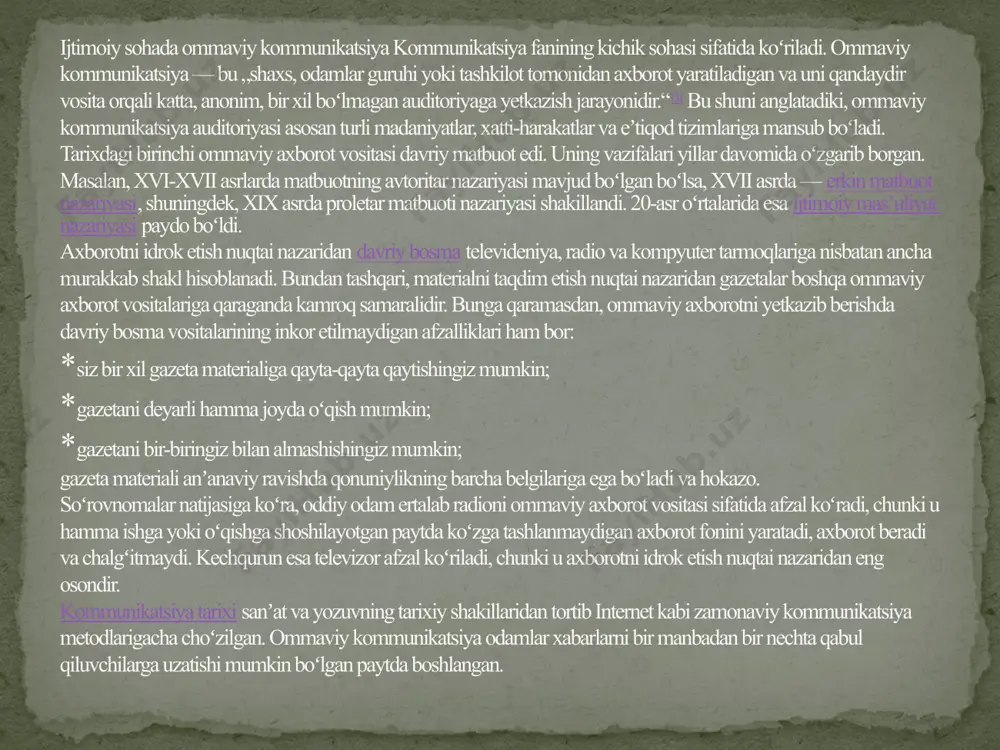 rot oqimi uzluksiz va maqsadli auditoriyaga tez yetib boradi. xalqaro savdo ommaviy kommunikatsiya mahsulotlarni almashtirish, sotish yoki sotib olish uchun tashqi bozorlarni yaratadi. misol: kriptovalyuta, elektron tijorat kabi savdo turlarini ommaviy kommunikatsiyalarsiz tasavvur qilib boʻlmaydi. mahsulotlar va xizmatlarni tavsiya qilish: ommaviy kommunikatsiya reklamada katta rol oʻynaydi. u yordamida mahsulotlarga xaridorlarni koʻpaytirish va xaridorlarga sifatli mahsulotlarni tavsiya qilish mumkin boʻladi. xabar berish dunyo boʻylab sodir boʻlayotgan voqealardan odamlar xabardor qilinadi; bu odamlarning geografik hududi, tili, jinsi, tabaqasi va eʼtiqodidan qatʼi nazar, barchani oʻzaro bogʻlanishiga yordam beradi. ommaviy kommunikatsiya soʻzsizlarga ovoz berdi va pasayishlarni koʻtardi. koʻngilochar dasturlar ommaviy kommunikatsiyaning eng mashhur usullaridan biri bu oʻyin-kulgidir. buning yoʻqligi hayotimizda boʻshliqni paydo qiladi. minglab telekoʻrsatuvlar, kanallar, filmlar, yangiliklar, sport, musiqa, multfilmlar va radio butun dunyodan va barcha yoshdagi tomoshabinlarni oʻziga jalb qildi. salbiy taraflari ommaviy kommunikatsiya individualizmga olib keladi, unda odamlar koʻp vaqtlarini televizor koʻrishga sarflashadi, bu esa ijtimoiy munosabatlarga taʼsir qiladi. ommaviy kommunikatsiyaning …