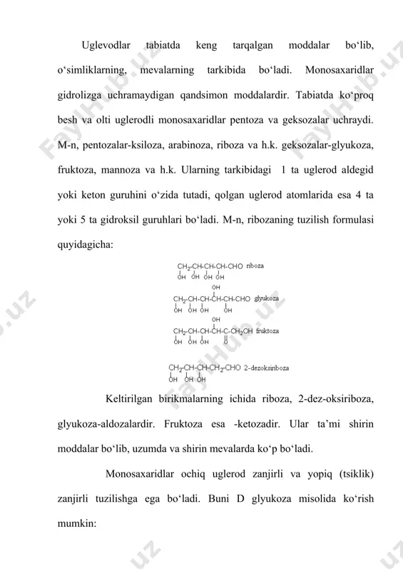 ti bo‘lib,u -d-glyukoza qoldiqlaridan tashkil topgan yuqori molekulyar birikmadir. uning formulasini quyidagicha ko‘rsatish mumkin: shuning uchun kraxmal gidrolizlansa -d glyukoza hosil bo‘ladi. sellyuloza esa yog‘ochning tarkibiy qismi bo‘lib,.u -d-glyukoza qoldiqlaridan tashkil topgan yuqori molekulyar birikmadir. demak, uning elementar zvenosida -d-glyukoza qoldig‘i mavjud: sellyulozaning molekulyar massasi 20000000 dan yuqori, uning makromolekulasi chiziqli tuzilishga ega. kraxmalning molekulyar massasi sellyulozanikidan kichikroq va tuzilishi tarmoqlangan bo‘ladi. kraxmal unda 74%, guruchda 78%, kartoshkada 16% bo‘ladi. kraxmaldan ham, sellyulozadan ham gidroliz qilib glyukoza, glyukozadan esa bijg‘itish bilan etanol olinadi: c6h12o6 2c2h5oh+2co2 inulin deb ataluvchi polisaxaridning elementar zvenosida d-fruktoza qoldig‘i mavjud. u topinambur o‘simligi ildizida ko‘p bo‘ladi. foydalanilgan adabiyotlar 1. o.sodiqov, a.karimjonov, n.ishoqov «organik ximiyadan praktikum» t. «o‘qituvchi», 1973. 2. o.f.ginzburg, v.s.zavgorodniy, l.m.zubritskiy, l.a.pavlova. «praktikum po organicheskoy ximii» m. «visshaya shkola», 1989. 3. q.n.ahmedov, a.k.abdushukurov, x.s.toshmuhamedov, a.m.yo‘ldoshev «organik kimyo» umumiy kursidan ma’ruzalar matni t. «o‘zbekiston milliy universiteti», 2000. 4. q.n.ahmedov, h.y.yo‘ldoshev organik kimyo usullari. t. «universitet», 1992. …