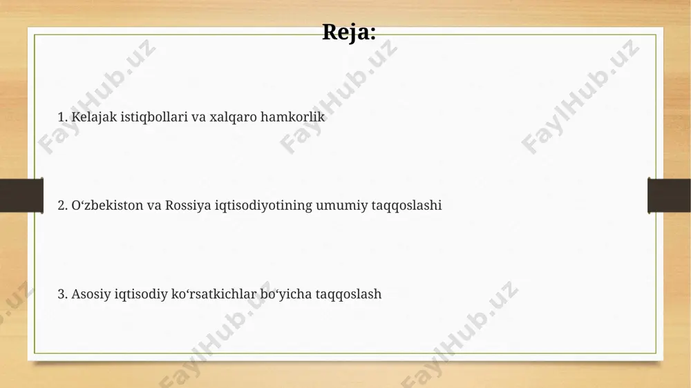 ini ko'rsatadi. rossiya o'zbekistonga to'g'ridan-to'g'ri xorijiy investitsiyalarning asosiy manbalaridan biri bo'lib, 2023-yilning birinchi choragida investitsiya hajmi 100 million dollardan oshdi, asosan energetika va qishloq xo'jaligiga yo'naltirildi. xususiylashtirish va biznes muhiti ўзбекистонда хусусийлаштириш жараёни 1990 йиллардан бошланиб, 2000 йилларга келиб россияга нисбатан секинроқ темпда, лекин фермер хўжаликлари сонининг кўпайиши билан тавсифланган. россиядаги давлат корхоналари хусусийлаштирилиши ўзбекистонга қараганда тезроқ ва кенг кўламли бўлиб, 1990-йиллардаги шошилинч ислоҳотлар натижасида йирик корхоналарнинг кўпчилиги хусусийлаштирилган. ўзбекистон ва россиядаги кичик ва ўрта бизнес ривожланишидаги фарқ 2022 йилги маълумотларига кўра, россиядаги кмблар сони ўзбекистонга қараганда кўпроқ, бироқ ўзбекистондаги давлат томонидан қўллаб-қувватлаш дастурларининг таъсири сезиларли. transport va infratuzilma oʻzbekistonning temir yoʻl tarmogʻi uzunligi rossiyaning tarmogʻiga nisbatan ancha qisqa boʻlib, taxminan 4,2 ming km ni tashkil etadi, bu esa rossiyaning 87 ming km dan ortiq temir yoʻl uzunligidan sezilarli darajada kamdir. oʻzbekistonning dengizga chiqish imkoniyati yoʻqligi, rossiyaning boltiq dengizi, qora dengiz va barents dengizi kabi portlarga ega boʻlishidan farqli ravishda, …