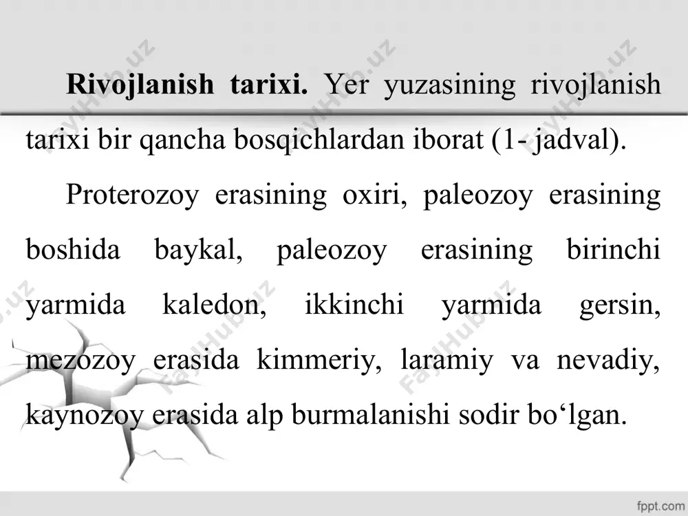 rib kelgan, tog‘lar yemirilib pasayib qolgan. neogen davrida sodir bo‘lgan alp burmalanishi natijasida orqaoloy, pomir, kopetdog‘, bolxon, paropamiz, safedko‘h, hindukush, bandi turkiston tog‘lari ko‘tarilgan. tyanshan tog‘i yana qaytadan ko‘tarilib, yoshargan. janubda baland tog‘larning ko‘tarilishi natijasida o‘rta osiyo hind okeanidan to‘silib qolgan. tog‘larning hosil bo‘lishi hozir ham davom etmoqda. zilzilalar. o‘rta osiyo hududida juda ko‘p yer qimirlashlar sodir bo‘lib turadi. buning asosiy sababi pomir va tyanshan tog‘larining ikkita litosfera plitalari: yevrosiyo va hindiston avstraliya plitalari to‘qnashgan chegarada joylashganligi va bu tog‘larning to‘xtovsiz ko‘tarilishda davom etayotganligidir. shuning uchun zilzilalar pomir va tyanshan tog‘lari hamda ularning atrofida ko‘proq ro‘y berib turadi. kuchsiz zilzilalar yiliga 1000 dan ortiq marta sodir bo‘ladi. kuchli zilzilalar juda katta moddiy va ma’naviy zarar keltiradi. falokatli zilzilalar 1930- yilda dushanbe atrofida, 1946- yilda qozonjiqda, chatqolda, 1948- yilda ashxobodda, 1966- yilda toshkentda, 1976- yilda gazlida va 1992- yilda to‘xtag‘ulda, 2008- yilda oloy (nura)da bo‘lgan. foydali qazilmalari. o‘rta osiyo foydali qazilmalarga …