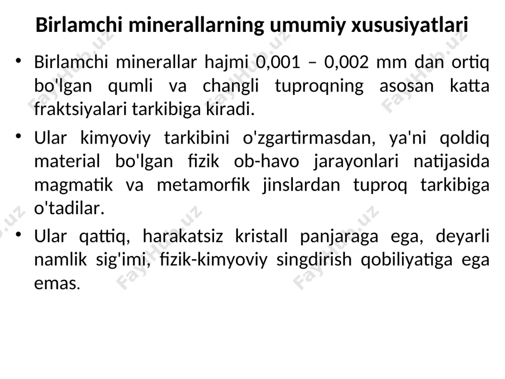 alarining shakllari va ularning o'simliklar uchun mavjudligi kislorod. tuproqlarning birlamchi va ikkilamchi minerallarining ko'pchiligiga kiradi, organik moddalar va suvning asosiy elementlaridan biridir. kremniy. eng keng tarqalgan birikma silikatlar tarkibidagi kvarts (sio,). ob - havo va tuproq hosil bo'lishi natijasida ular yo'q qilinganda, kremniy orto-va metakremnöz kislotalar anionlari, natriy va kaliy silikatlari shaklida, qisman zola shaklida eritmaga aylanadi. erigan si ning bir qismi tuproqdan yuviladi, ikkinchisi (kislotali reaktsiyada) amorf yog'ingarchilik jellari shaklida cho'kadi, ular suvni yo'qotib, ikkilamchi kelib chiqadigan kvartsga o'tishi mumkin. asoslar bilan bir yarim oksidli o'zaro ta'sirlashganda, haqiqiy erigan va kolloid si ikkilamchi silikatlarni hosil qiladi. alyuminiy organo-mineral komplekslar shaklida va so'rilgan holatda (kislotali) birlamchi va ikkilamchi minerallarning bir qismidir. al o'z ichiga olgan birlamchi va ikkilamchi minerallarni yo'q qilishda uning gidroksidi chiqariladi, uning muhim qismi ob-havo sharoitida joyida qoladi (harakatsiz) va faqat qisman eritma shaklida eritmaga o'tadi. bir oz gidroksidi reaktsiya bilan alyuminiy gidroksidi butunlay kolloid yog'ingarchilik shaklida …
