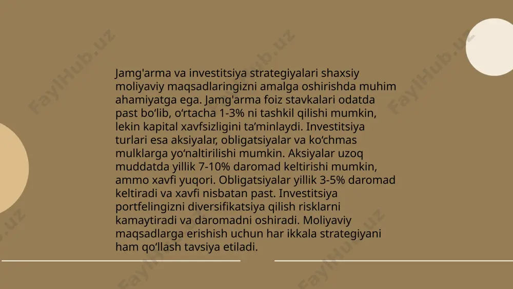 beriladi. investitsion loyihalarni moliyalashtirish uchun qimmatli qog'ozlar bozori ham rivojlanmoqda. o'zbekistonda qulay investitsion muhit yaratilayotgani sababli, yillik investitsiyalar hajmi o'sishi kutilmoqda. ... t.me/slaydai_bot iste'mol va jamg'arma munosabatlarida iste'molchilar o'z ehtiyojlarini qondirish uchun daromadlarining ma'lum qismini iste'mol qilishadi, qolgan qismi esa jamg'ariladi. o'zbekistonda o'rtacha kishi iste'mol uchun daromadining 60-70% ini, jamg'arma uchun esa 30-40% ini sarflaydi. jamg'arma darajasi bozor sharoitlari, daromad darajasi va iqtisodiy ishonchga bog'liq. misol uchun, rivojlangan davlatlarda jamg'arma darajasi ko'proq, ba'zi holatlarda 20% dan yuqori bo'lishi mumkin, o'zbekistonda esa bu ko'rsatkich taxminan 10-15% ni tashkil qiladi. jamg'arma qo'shilgan qiymat, investitsiya qilinishi mumkin bo'lgan resurslarni oshiradi. ... t.me/slaydai_bot 10. markaziy osiyoda investitsiya imkoniyatlari markaziy osiyo mintaqasi investitsiya imkoniyatlari bilan boy bo‘lib, xususan, energiya, tog‘-kon, qishloq xo‘jaligi va transport sohalarida katta imkoniyatlar mavjud. o‘zbekistonda iqtisodiyot liberallashuvi va soliq imtiyozlari investorlar uchun muhim afzallikdir. qozog‘iston neft va gaz zaxiralari bilan, qirg‘iziston tog‘-kon industriyasi bilan e’tiborni tortadi. tojikistonda gidroenergetika rivojlantirilmoqda, turkmanistonda gaz …