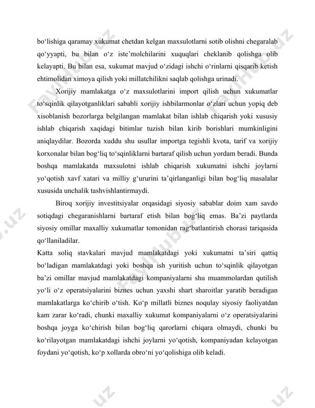 dagi ishchi joylarni yo‘qotish, kompaniyadan kelayotgan foydani yo‘qotish, ko‘p xollarda obro‘ni yo‘qolishiga olib keladi. iqtisodiy sabablari. bevosita xorijiy investitsiyalarga iqtisodiy sabablar ham ta’sir ko‘rsatadi. shu yo‘sinda ishlovchi kompaniyalar dunyo miqyosidagi operatsiyalarda katta tejamkorlikka erishishlari mumkin, ayniqsa ilmiy tekshirish va ixtirolar qilish, marketing, maxsulot va xizmatlarni kengaytirish, moliyalashtirish va ishlab chiqarish kabi soxalarda. masalan, shved avtomobillari va aviatsion texnikasini bozori zamonaviy modellarni ishlab chiqarish uchun katta investitsiyalarni ajratishga, unchalik katta emas. shuning uchun shved sanoatini ushbu soxalari ko‘p millatli ishlab chiqarishda va o‘z maxsulotlarini distributsiya qilishda qatnashishga majbur. kattaroq mamlakatlardagi kompaniyalar chiqishlarni sotiladigan tovarlarni kattaroq xajmiga taqsimlashga yo‘l qo‘yishlari mumkin. ko‘p millatli operatsiyalarda tejamkorlikka erishibgina qolmay, kompaniyalar bu xolda sabotaj muammolari va turli xil lokal bozorlardagina u yoki bu ishlab chiqarish omillari muammolarini yechishni osongina uddasidan chiqishlari mumkin. mamlakatni maxalliy axolisi ichida kerakli malakaga ega bo‘lgan texnik va muxandislarni yetishmasligi, yoki xom ashyoni ba’zi komponentlarini mavjud emasligi, yoki ularni o‘ta qimmat …