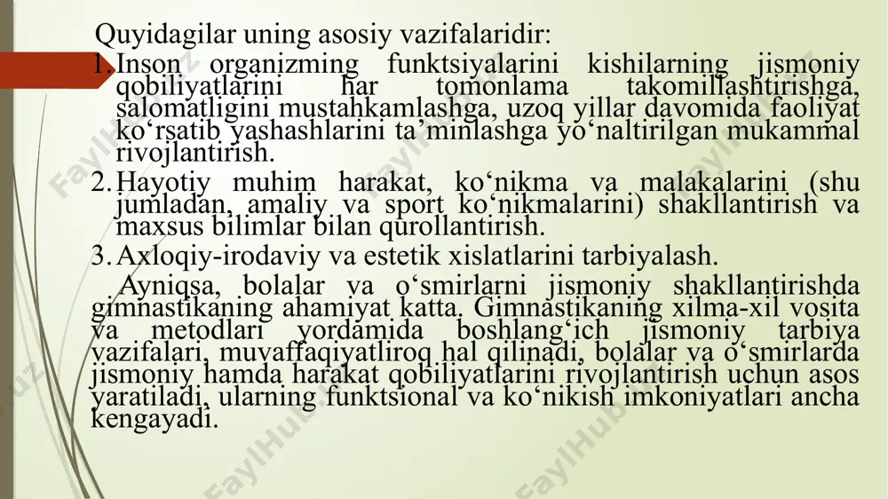 a, ko‘ngilli sport jamiyatlarida, ishlab chiqarish korxonalarida, davolash va dam olish uylarida, sanatoriylarda va harbiy qismlarda shug‘ullanishadi. gimnastikani bunchalik keng yoyilganligiga sabab, uning mashqlari hammaga tushunarli va xilma-xilligida hamda jismoniy tarbiya fanining turli maqsad va vazifalarini bajarish uchun mashqlar ko‘lamini tanlash imkoniyatining kattaligidadir. gimnastika odamni estetik tarbiyalashning samarali vositasi hisoblanadi. mashqlarni bajarish va namoyish etish texnikasi gimnastikaga xos uslub talab qiladigan darajada mukammal bo'lishi uchun harakatlar ravon va ifodali bo‘iishi, mashq bajaruvchining harakatiari tomoshabinga yoqadigan, nafis bo‘lishi kerak. gimnastika mashqlari natijasida shug'ullanuvchining qaddi-qomati kelishgan bo‘ladi. gavda tuzilishidagi nuqsonlar bartaraf etiladi. gavdaning ayrim qismlari rivojlanishida, umuman, tana shakllanishida mutanosiblikka erishiladi. gimnastikaning pedagogic jarayondagi o‘rni yuksakdir. u bilan shug'ullanuvchilar ongli ruhda, faollik va mehnatga ijodiy munosabatda bo‘lishi bilan ajralib turishadi. mashg'ulotlarni qat’iy, bir tartibda olib borilishi, ta ’lim jarayonini shug‘ullanuvchilarning maksimal faolligini tashkil etishi ularni intizomli qilib tarbiyalaydi. gimnastika aqliy ta’lim bilan jismoniy tarbiya birligining yorqin namunasidir. qo‘llaniladigan uslublar sportchilarning intellektual faoliyati …