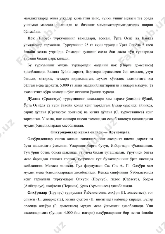 бўлганлар. ҳозирги кунда унинг 200 дан ортиқ нави маълум. гилос (cэрасус авиум), олча (с. вульгарис), чия (c. тиансчаниcа) қабилар шулар жумласидан (27-расм). бу туркумнинг барча турлари ҳам аҳоли томонидан севиб истеъмол қилинади. бодом (амйгдалус) — дарахт, кўпинча бута шаклида ҳам учрайди. бу туркумнинг ўрта осиёда 9 тури кенг тарқалган. шу жумладан, а.cоммунис, бутасимон а. бучариcа ва а. спиносиссима деб номланган турлари ўзбекистонда ёввойи ҳолда кенг тарқалган. шулар орасида а. cоммунис маданийлаштирилган бўлиб, саноат аҳамиятига эга бўлган техник экинлардан ҳисобланади. у ҳозирги пайтда марказий осиё мўғўлистон, хитой, ақш, аргентина, австралия, жанубий африка мамлакатларида ўстирилади. ёввойи ҳолда фақат ўрта осиёда учрайди. севиб озиқланадиган хушхўр данак ва қимматбаҳо ёғ берадиган техник экин ҳисобланади. бодом турлари таркибида амигдалин алкалоиди бўлганлиги туфайли илмий ва халқ табобатида ҳам кенг қўлланилади. ўрик (зардоли — армениаcа) аксарият ҳолларда дарахт ўсимлик. унинг 8 тури (хржановский, 1982) фанда маълум. ўрик ҳалқимизнинг хушхўр мевасидан бири. меваси этли, ширин, айрим навларининг қуритилган …
