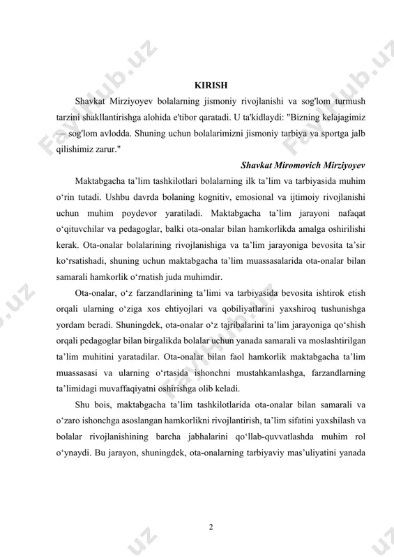 xos ehtiyojlari va qobiliyatlarini yaxshiroq tushunishga yordam beradi. shuningdek, ota-onalar o‘z tajribalarini ta’lim jarayoniga qo‘shish orqali pedagoglar bilan birgalikda bolalar uchun yanada samarali va moslashtirilgan ta’lim muhitini yaratadilar. ota-onalar bilan faol hamkorlik maktabgacha ta’lim muassasasi va ularning o‘rtasida ishonchni mustahkamlashga, farzandlarning ta’limidagi muvaffaqiyatni oshirishga olib keladi. shu bois, maktabgacha ta’lim tashkilotlarida ota-onalar bilan samarali va o‘zaro ishonchga asoslangan hamkorlikni rivojlantirish, ta’lim sifatini yaxshilash va bolalar rivojlanishining barcha jabhalarini qo‘llab-quvvatlashda muhim rol o‘ynaydi. bu jarayon, shuningdek, ota-onalarning tarbiyaviy mas’uliyatini yanada kuchaytirish, ularga ta’lim va tarbiya sohasida zarur bilimlar va ko‘nikmalarni berish imkonini yaratadi. mavzuning dolzarbligi: maktabgacha ta’lim tashkilotlarida ota-onalar bilan hamkorlik qilishning dolzarbligi bugungi ta’lim tizimida alohida ahamiyatga ega. jamiyatda bolalar ta’limi va tarbiyasiga e’tibor kuchaygan sari, ota-onalar bilan hamkorlik qilish masalasi yanada muhim bo‘lib bormoqda. ota-onalar, farzandlarining rivojlanishi, ta’lim olish jarayonida bevosita ishtirok etish imkoniyatiga ega bo‘lishlari lozim. ularning maktabgacha ta’lim jarayonidagi faol ishtiroki bolaning psixologik, emotsional va ijtimoiy rivojlanishiga …