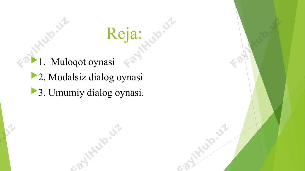 ydalanib amalga oshirish mumkin. foydalanuvchi ushbu quti ochiq bo'lsa ham ishlashni davom ettirishi mumkin.dialog oynasi doimiy ravishda formborderstyle xususiyatini formborderstyle.fixeddialog-ga o'rnatib, minimizebox va maximizbox xususiyatlarini noto'g'ri qilib sozlash orqali sozlanishi mumkin. framework class library (fcl) dialog sifatida sinfni ta'minlamaydi dasturchi system.windows.form bazaviy klassidan turni olish orqali maxsus dialog sinflarini yaratadi.showdialog () metodidan foydalangan holda namuna oynasi ko'rsatiladi. show () usulidan foydalangan holda, modetsiz dialog oynalari ko'rsatiladi. umumiy dialog oynasi barcha windows dasturlari uchun umumiy bo'lgan ishlatiladigan dialog oynalari. faylni saqlash, shriftni tanlash va boshqalar kabi keng tarqalgan vazifalarni bajaradi. bu amaliy interfeys uchun standart usulni ta'minlaydi. misollar quyida keltirilgan. 1.fontdialog 2.colordialog 3.opendialog 4.savedialog ushbu dialog oynalari operatsion tizim tomonidan amalga oshiriladi, shuning uchun ularni ushbu operatsion tizimda (windows) ishlaydigan barcha dasturlarda bo'lishish mumkin. umumiy dialog oynasini ishlatish uchun qadamlar kerakli umumiy dialog oynasini oching. agar kerak bo'lsa, umumiy dialog oynasining xususiyatlarini o'rnating. muloqot oynasini chaqirish uchun uning showdialog () usulini …
