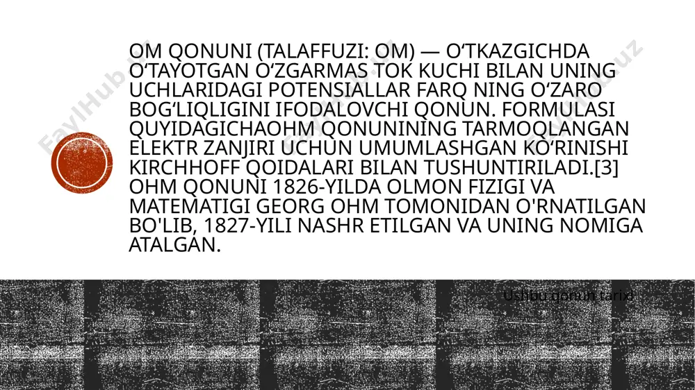 . i= elektr tokining intensivligi (amper "amp.") r= elektr qarshiligi (ohm "ō") etiboringiz uchun rahmat foydalanilgan adabiyotlar 1.https://www.google.com/url?sa=t&source=web&rct=j&url=http://library.pharmi.uz/books/xorijiy/fizika/4.9.pdf&ved=2ahukewji1ixd46h8ahwqcbaihzqwceeqfnoecc0qaq&usg=aovvaw3-h2pfnsw9df-9jtrrifmk 2.https://www.google.com/url?sa=t&source=web&rct=j&url=https://www.orbita.uz/index.php%3foption%3dcom_content%26view%3darticle%26id%3d649:om-qonuni%26catid%3d4 3.https://www.google.com/url?sa=t&source=web&rct=j&url=https://uz.m.wikipedia.org/wiki/ohm_qonuni&ved=2ahukewji1ixd46h8ahwqcbaihzqwceeqfnoeca4qaq&usg=aovvaw2yatv5ts4r07w1upqmojiw 4.hozir.org 5.https://hozir.org › nizomiy-nomida...om qonuni. joul-lens qonuni - hozir.org 6.https://www.google.com/url?sa=t&source=web&rct=j&url=https://www.orbita.uz/index.php%3foption%3dcom_content%26view%3darticle%26id%3d649: 7.fayllar.org image4.png image3.png image2.png image5.png image6.png image7.png image8.png image9.png /docprops/thumbnail.jpeg