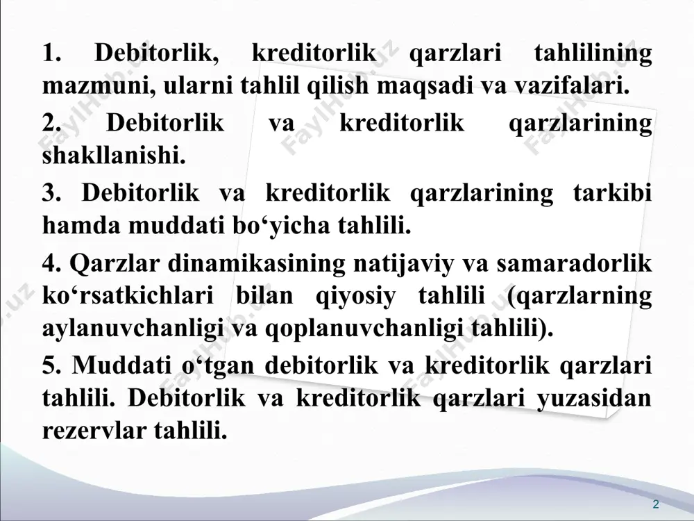 torlik va kreditorlik qarzlarining vujudga kelish muddatlari bo’yicha tasniflagan holda o’rganish; debitorlik va kreditorlik qarzlarining tarkibiy tuzilishi va dinamik o’zgarishlariga baho berish; debitorlik va kreditorlik qarzlarining aylanuvchanligiga baho berish; muddati o’tgan debitorlik va kreditorlik qarzlarining mavjudligini va ularni tugatish yo’llarini o’rganish; qarzlarni kamaytirish bo’yicha mavjud imkoniyatlarni ko’rsatib berish. 5 xo’jalik yurituvchi sub’ektlarning debitorlik va kreditorlik qarzlarini o’rganishda asosiy axborot manbalari bo’lib quyidagilar hisoblanadi: korxonaning “buxgalteriya balansi” (1-shakl) ma’lumotlari; muddati o‘tgan debitorlik va kreditorlik qarzlari rasshifrokasi (buxgalteriya balansiga ilova); buxgalteriya hisobining debitorlik va kreditorlik qarzlarini aks ettiruvchi tegishli schyot ma’lumotlari. 6 7 2. debitorlik va kreditorlik qarzlarining shakllanishi debitorlik va kreditorlik majburiyatlarining yuzaga kelishi bo’yicha quyidagi sabab qatorlarini tarkiblash mumkin: o’zaro hisob kitoblarda tomonlarning to’lov layoqatiga ega emasligi; tovarlarni ortib jo’natish va sotishda hisob kitoblarning zamonaviy shakllarining cheklanganligi; mulk va unga egalik qilishda mas’ullik hissining yuqligi; o’zaro shartnomaviy munosabatlarning yaxshi yo’lga qo’yilmaganligi; daromadlarni tan olish yuzasidan korxonalar tarmoq xususiyatidan kelib chiqilmaganligi; …