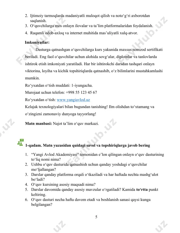 ani yozgan va tasdiqlovchi shaxs. kimlar tuzadi: 1. sinfda: sinf sardori, sinf rahbari. 2. maktabda: direktor, o‘qituvchi, tadbir tashkilotchisi. 3. ish joyida yoki katta yig‘ilishda: kotiba, kotibiyat xodimi. bayonnoma namunasi bayonnoma sana: 2025-yil 2-aprel joyi: 7-“a” sinf xonasi vaqti: 10:00 ishtirokchilar: sinf rahbari g‘ulomova s.a., sinf sardori yusupova mohira, 7-“a” sinf o‘quvchilari kun tartibi: “bahorgi obodonlashtirish haftaligida sinf ishtirokini muhokama qilish” yig‘ilish sinf rahbari tomonidan ochildi. u maktabda e’lon qilingan bahorgi obodonlashtirish haftaligi doirasida har bir sinf faol ishtirok etishi zarurligini tushuntirdi. shundan so‘ng o‘quvchilar o‘z takliflarini bildirdilar. sardor yusupova mohira haftalik davomida sinf derazalarini artish, xona devorlaridagi eski plakatlarni yangilash va yashil burchak tashkil etish taklifini berdi. alisher jo‘rayev esa sinf gulchambarlariga yangi gul ekish va jamoaviy gul ekish aksiyasi o‘tkazishni taklif qildi. qaror qilindi: 1. dushanba kuni sinf derazalari artiladi, devorlar yangilanadi. 2.chorshanba kuni sinf gulzoriga 5 tup gul ekiladi. 3.har bir o‘quvchi o‘z navbatida “tozalik navbatchiligi”da qatnashadi. …