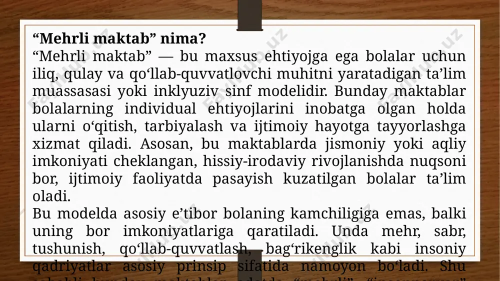 slarning huquqlarini ta’minlashga doir qo‘shimcha chora-tadbirlar to‘g‘risida”gi qarori, 2021-yil. xalq ta’limi vazirligi: “inklyuziv ta’limni rivojlantirish konsepsiyasi”, toshkent, 2021. islomova g. “maxsus pedagogika va inklyuziv ta’lim asoslari”. – toshkent: fan, 2020. g‘ofurova n. “psixologiyada inklyuziv yondashuv”. – samarqand: ilm ziyo, 2019. image7.jpeg image8.jpeg image3.png image4.png /docprops/thumbnail.jpeg