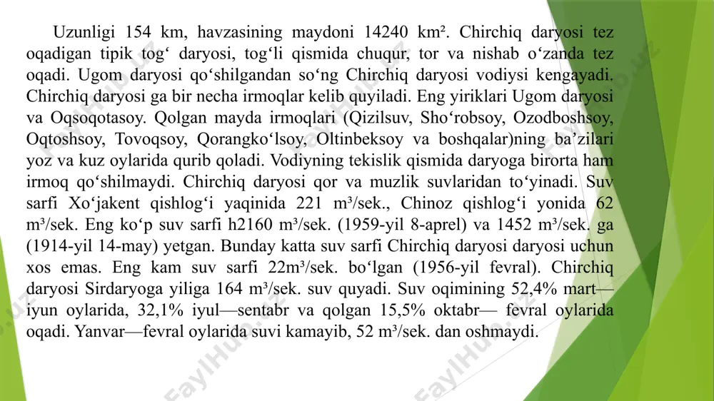 ʻi yonida 22,8 m³/sek, oʻrtacha yillik suv sarfi 400 m³/sek. ohangaron suvlaridan kanallar orqali toshkent viloyatining ohangaron, oʻrtachirchiq, pskent va boʻka tumanlaridagi yerlarni sugʻorishda foydalaniladi. daryo boʻyida joylashgan eng yirik aholi punktlari angren va ohangaron shaharlaridir. sirdaryoga tutashgan joyda hozirda qoldiqlari saqlanib qolgan katta qadimiy binkat shahri joylashgan. image1.jpeg image2.jpeg /docprops/thumbnail.jpeg