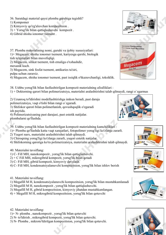 qattiqlashuvchi. 2) + c fill mh, mikrogibrid kompozit, yorug'lik bilan qotadi 3) c- fill mh, gibrid kompozit, kimyoviy davolash. 4) c- fill mh, kondensatsiyalanuvchi kompozitsion, yorug'lik bilan ishlov berish 41. materialni tavsiflang: 1) megafill m h, kondensatsiyalanuvchi kompozitsion, yorug'lik bilan mustahkamlanadi 2) megafill m h, nanokompozit , yorug'lik bilan qattiqlashuvchi. 3) megafill m h, gibrid kompozitsion, kimyoviy jihatdan mustahkamlangan. 4) + megafill m h, mikrogibrid kompozitsion, yorug'lik bilan qotuvchi 42. materialni tavsiflang: 1)+ n- plomba , nanokompozit , yorug'lik bilan qotuvchi 2) n- to'ldirish , mikrogibrid kompozit, yorug'lik bilan qotuvchi. 3) n- plomba , mikroto'ldirilgan kompozitsion, yorug'lik bilan qotuvchi. 4) n- plomba , kondensatsiyalanadigan kompozitsion, yorug'lik bilan qotuvchi. 43. uy sharoitida oqartirish uchun quyidagi konsentratsiyada peroksid carbamid foydalanish mumkin ? 1) 5-7% 2) 10-12% 3) 25-35% 4) 35-40% 44. emalni fiziologik yemirilishi uchun yosh chegarasi 1) 30 yilgacha 2) 35 yoshgacha 3) 40 yoshgacha 4) 50 yilgacha 45. mahalliy emal …